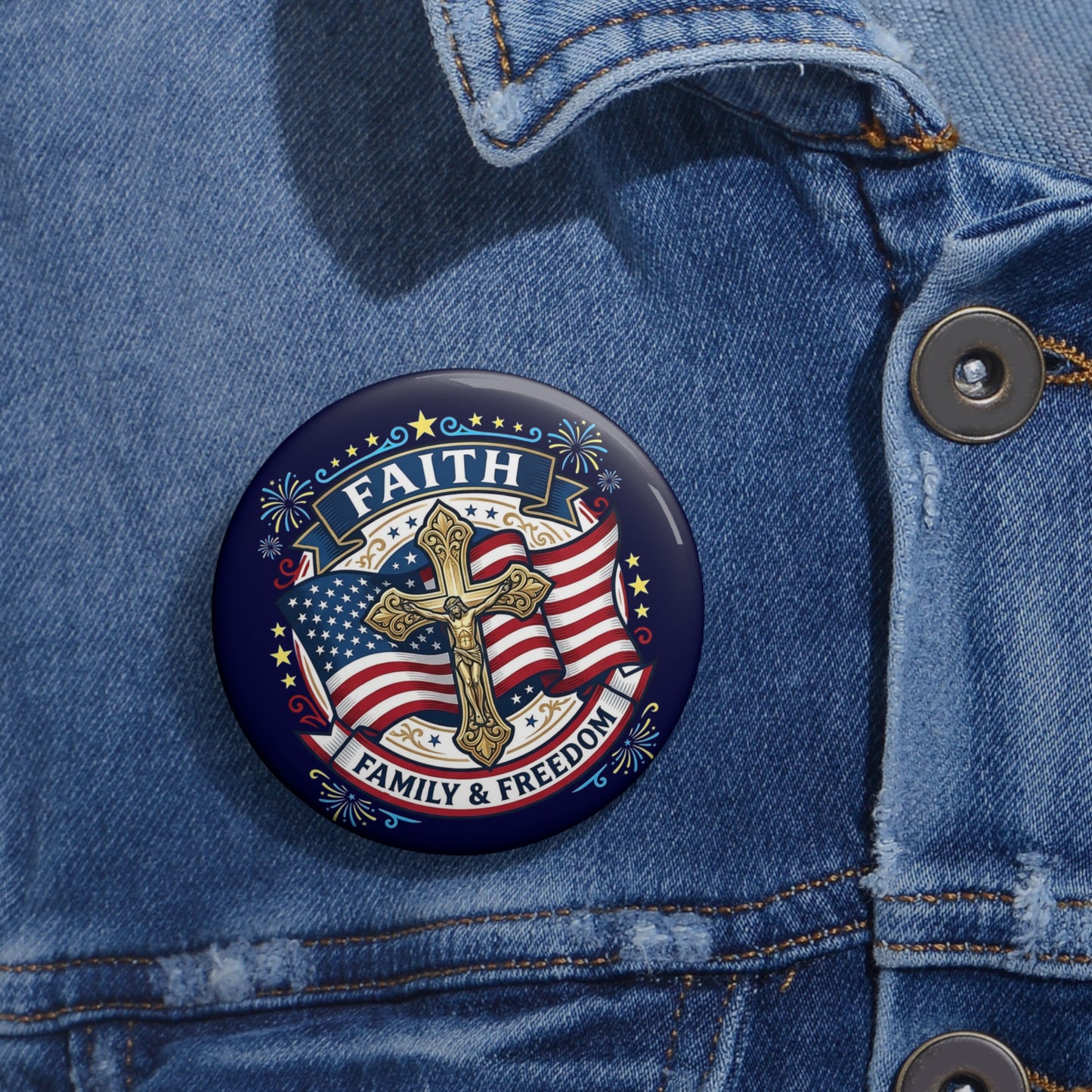 Faith, Family & Freedom Pin Button — Catholic Patriotic Cross Flag Badge (USA 250th)