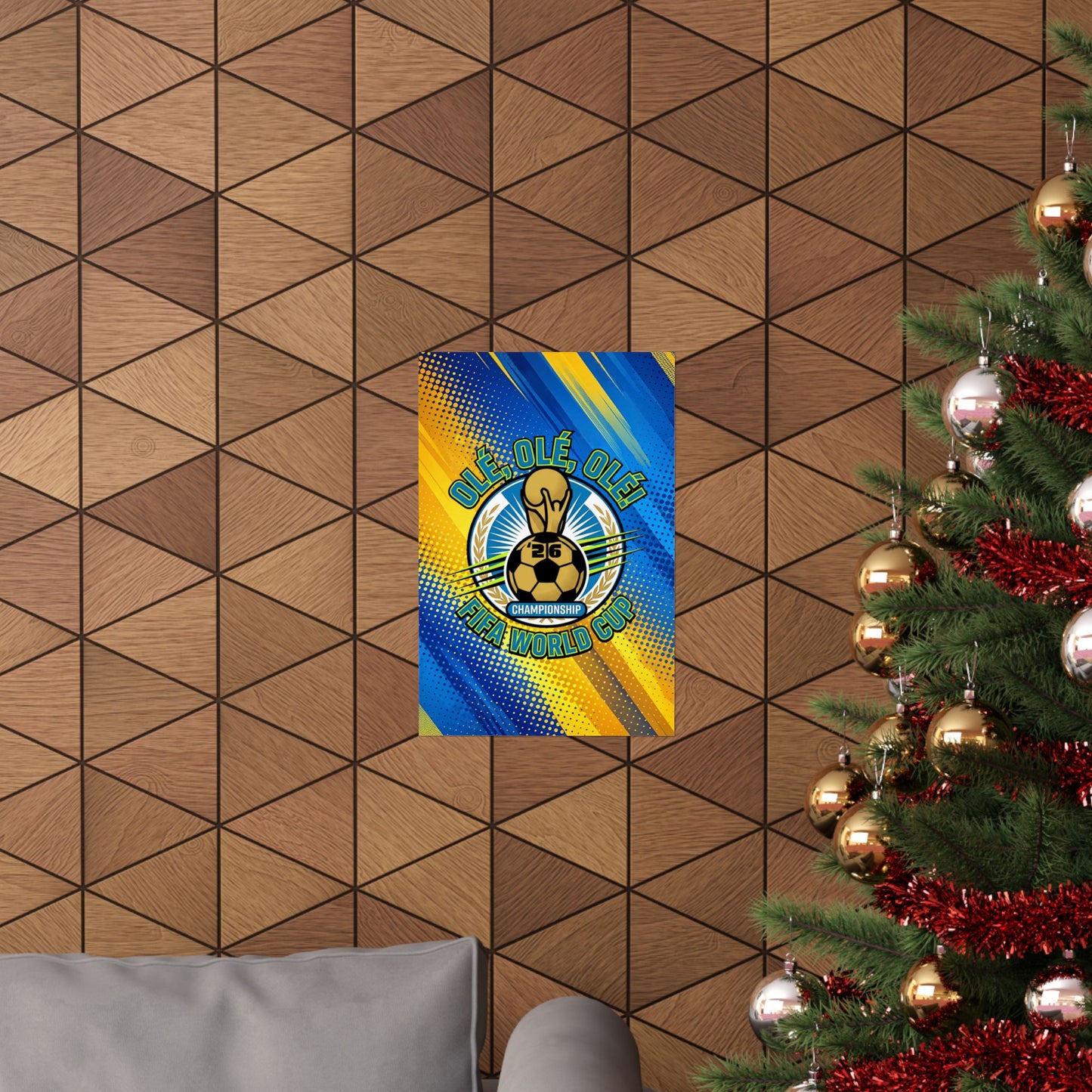 Decorative banner with a logo on a wooden wall next to a Christmas tree.