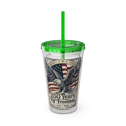 USA 250th ANNIVERSARY - Patriotic Eagle Tumbler 16oz – "250 Years of Freedom" USA Flag Straw Cup - Trending Novelties & Gifts