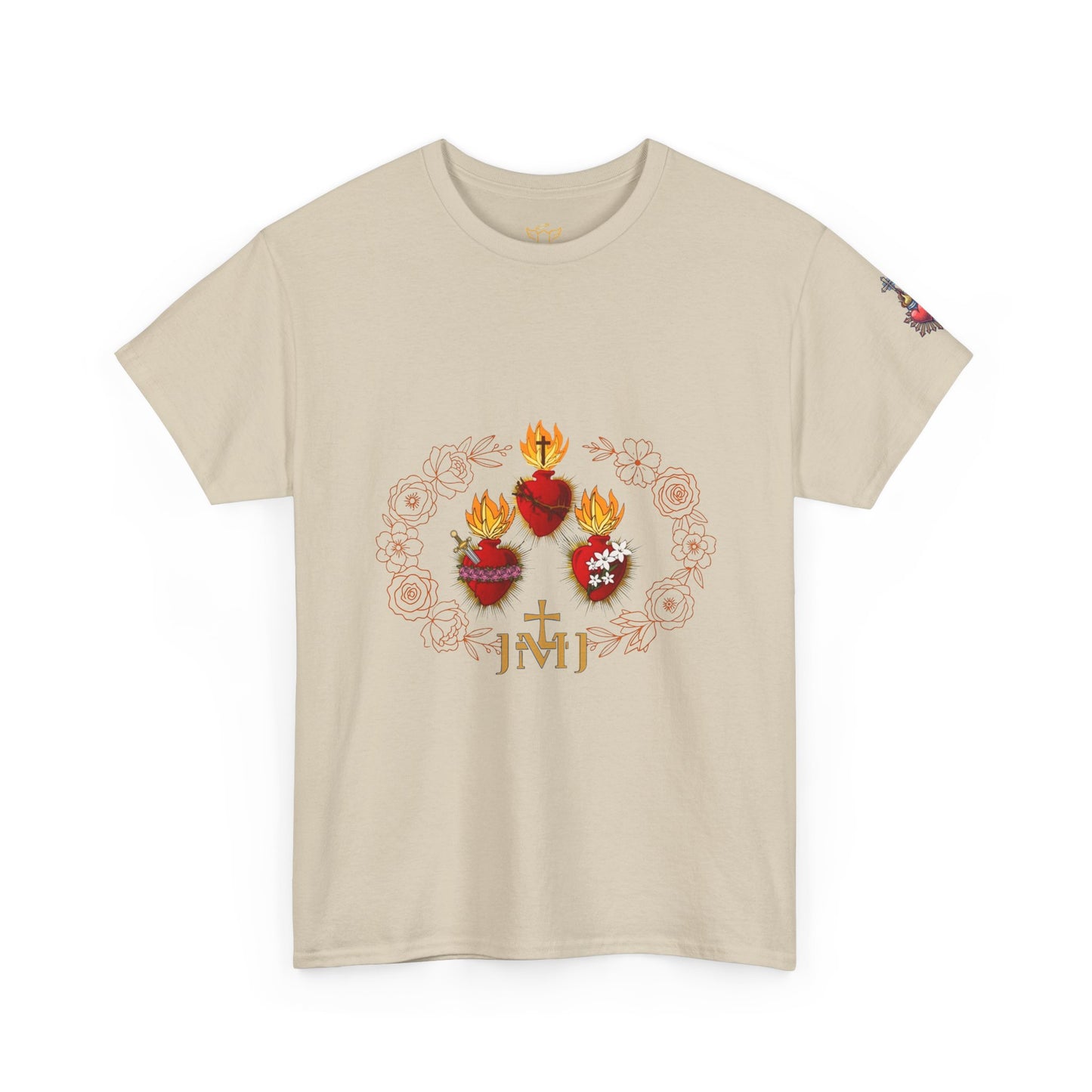 Sacred Hearts Tee — Three Flaming Hearts with JMJ Cross (CT)