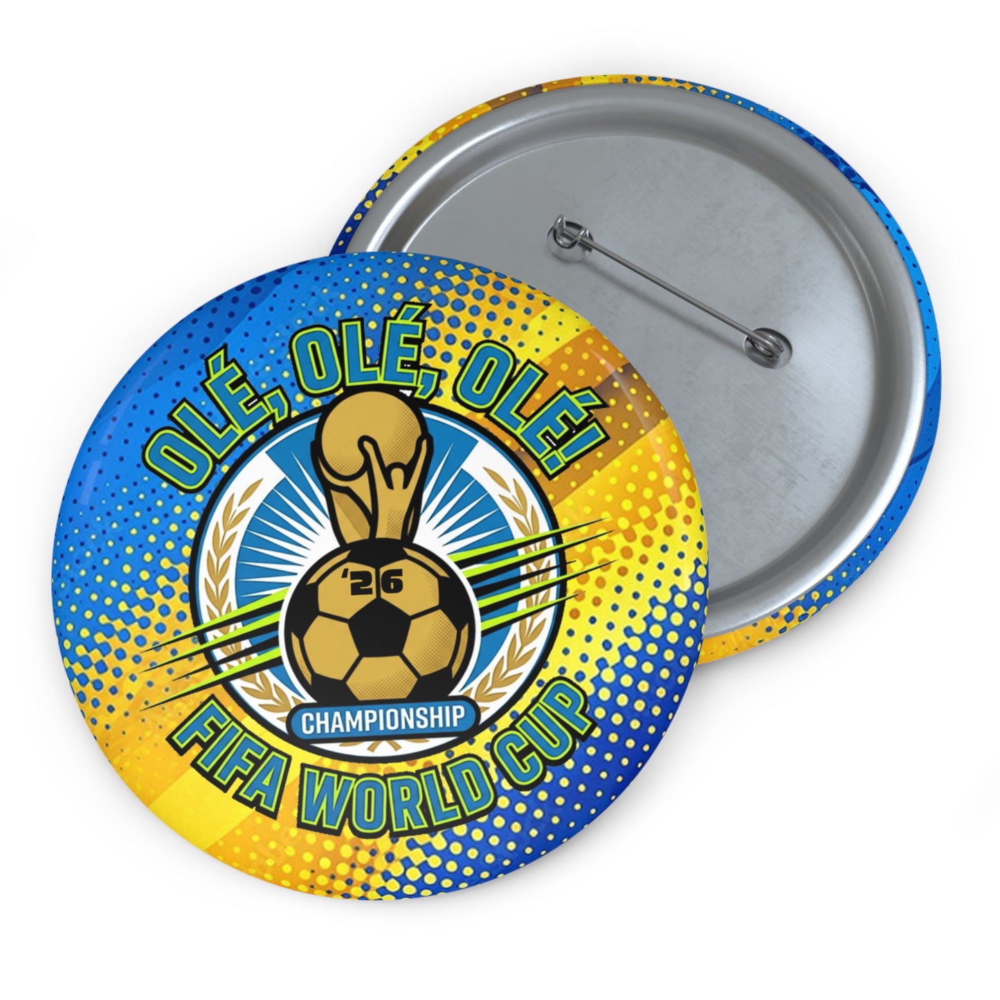 FIFA World Cup Soccer Pin Button , FIFA World Cup button badge with soccer ball and text on a white background