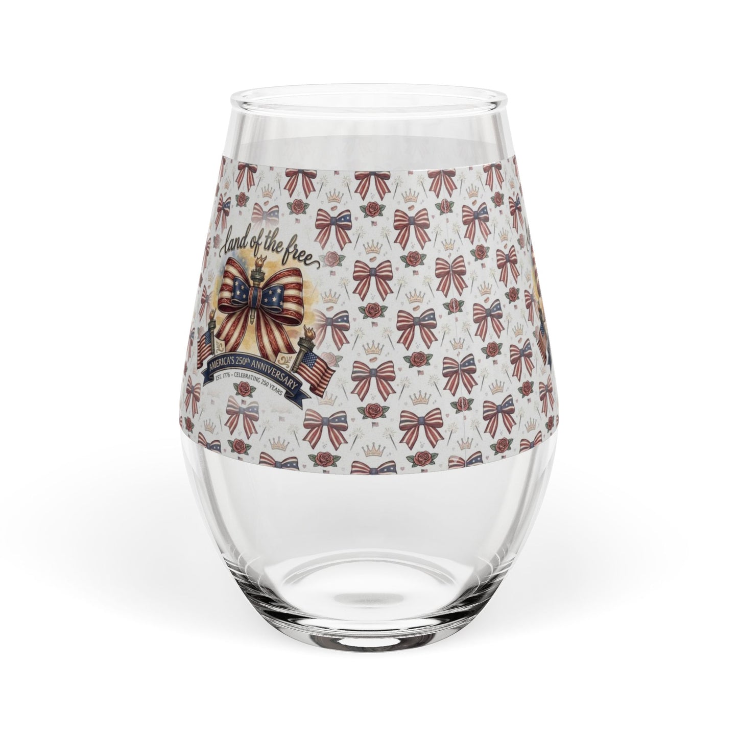 Patriotic Ribbon "Land of the Free" Stemless Wine Glass – USA 250th ANNIVERSARY  Stemless Wine Glass 11.75oz - Trending Novelties & Gifts