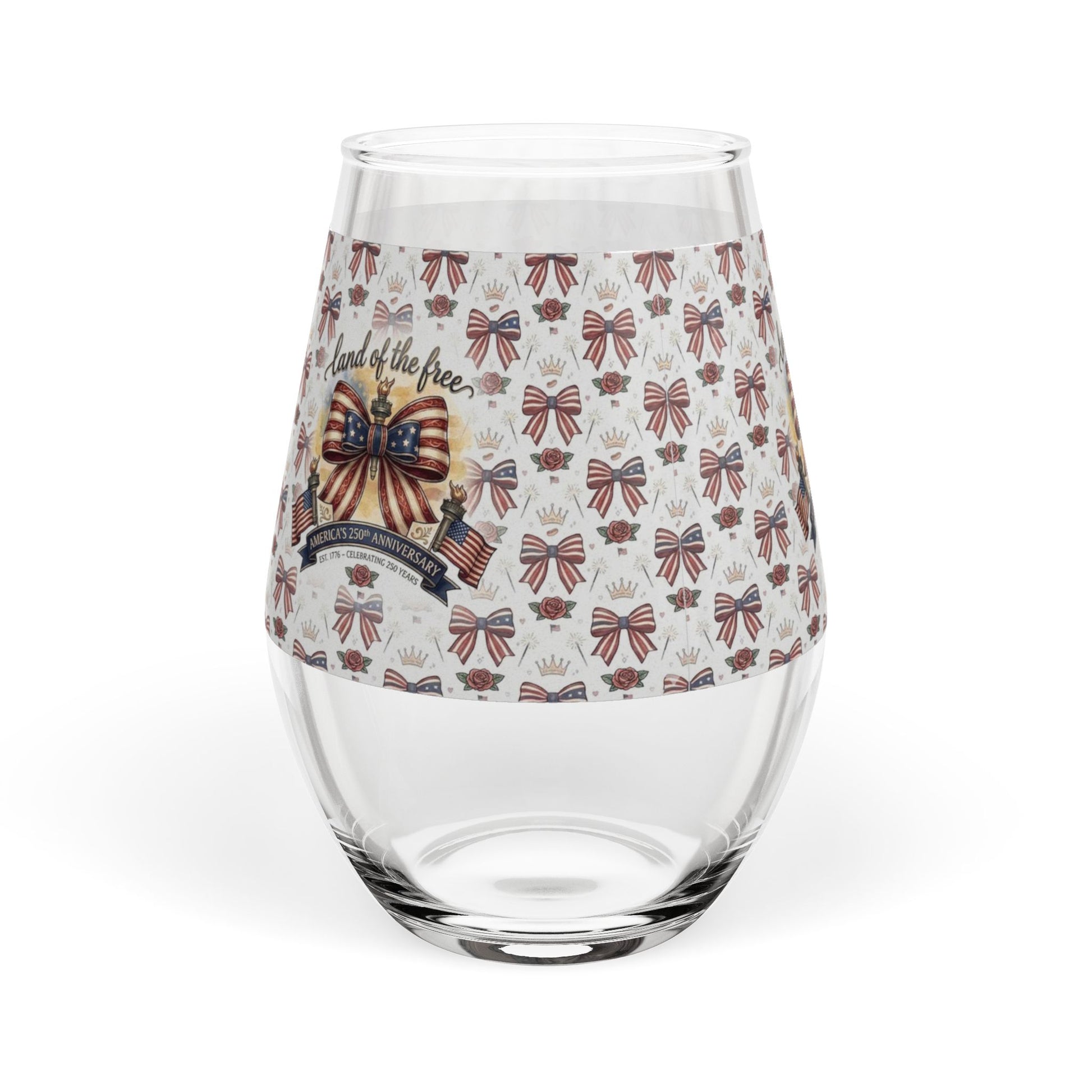 Patriotic Ribbon "Land of the Free" Stemless Wine Glass – USA 250th ANNIVERSARY  Stemless Wine Glass 11.75oz - Trending Novelties & Gifts