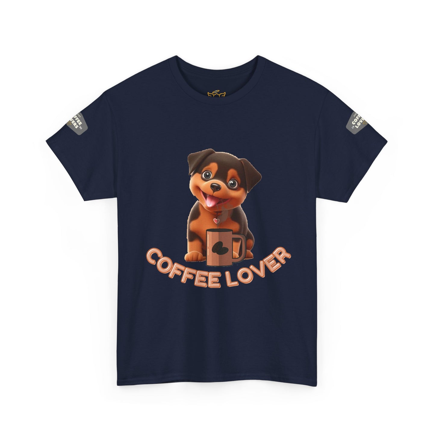 COFFEE LOVERS COTTON TEE for Dog Lovers. Navy blue t-shirt with a cartoon dog and 'Coffee Lover' text on a white background