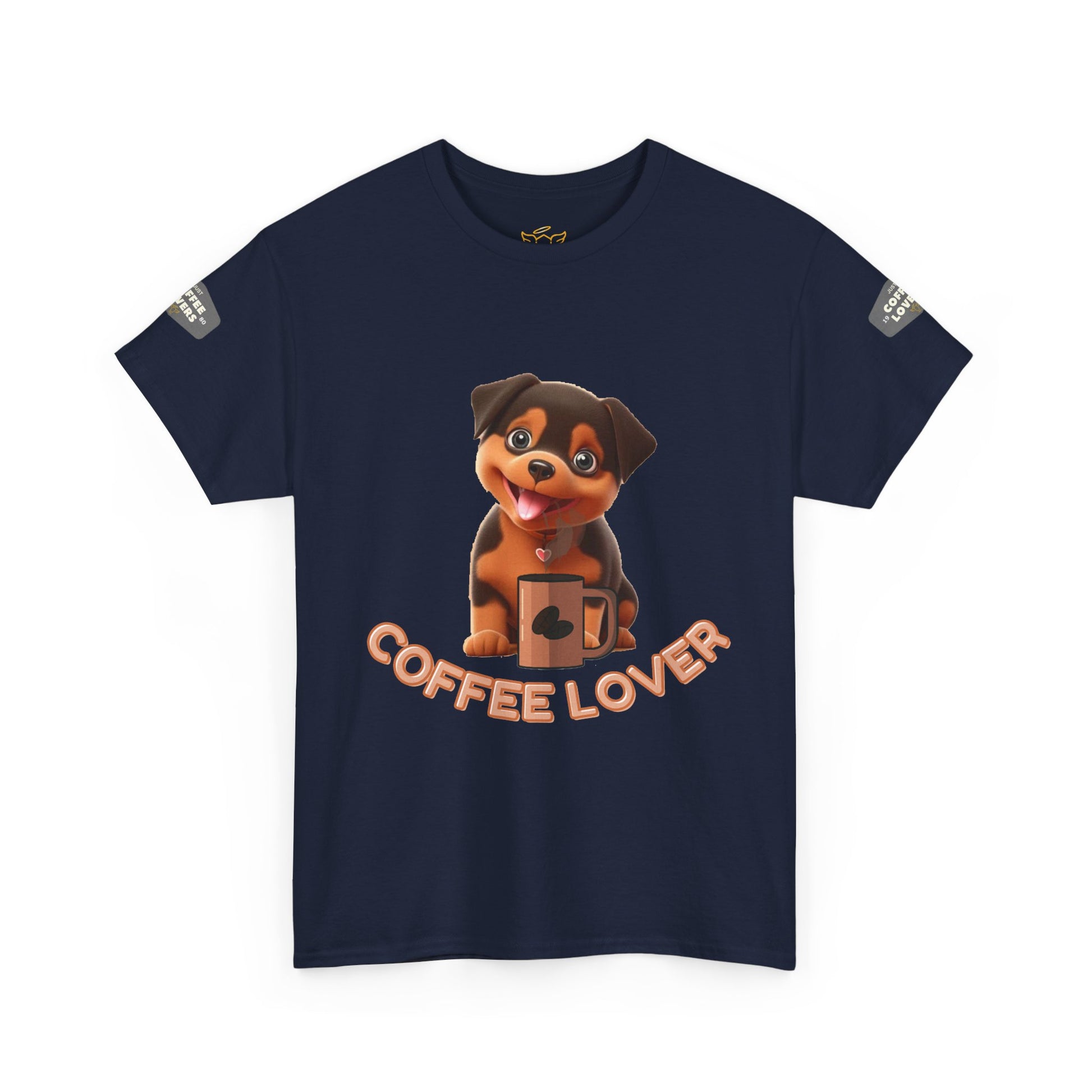 COFFEE LOVERS COTTON TEE for Dog Lovers. Navy blue t-shirt with a cartoon dog and 'Coffee Lover' text on a white background