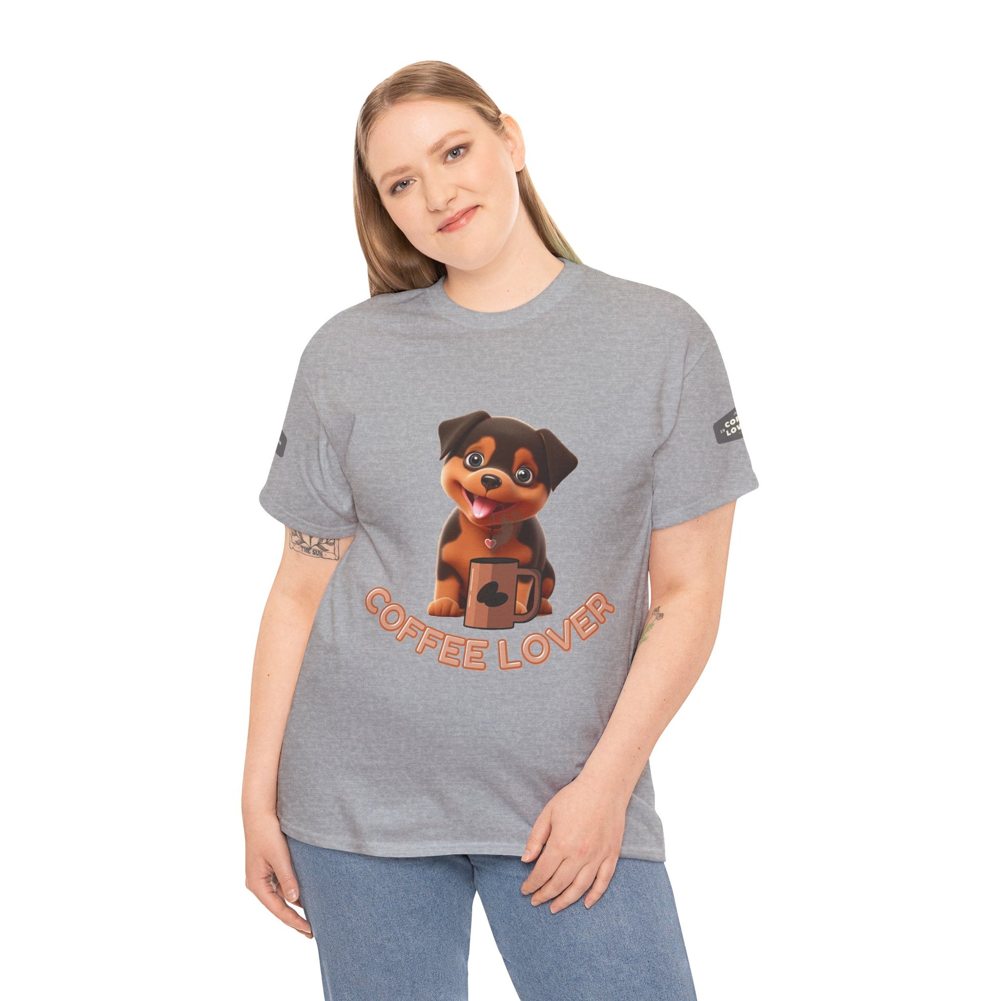 COFFEE LOVERS COTTON TEE for Dog Lovers. Person wearing a gray t-shirt with a dog graphic and 'Coffee Lover' text on a white background