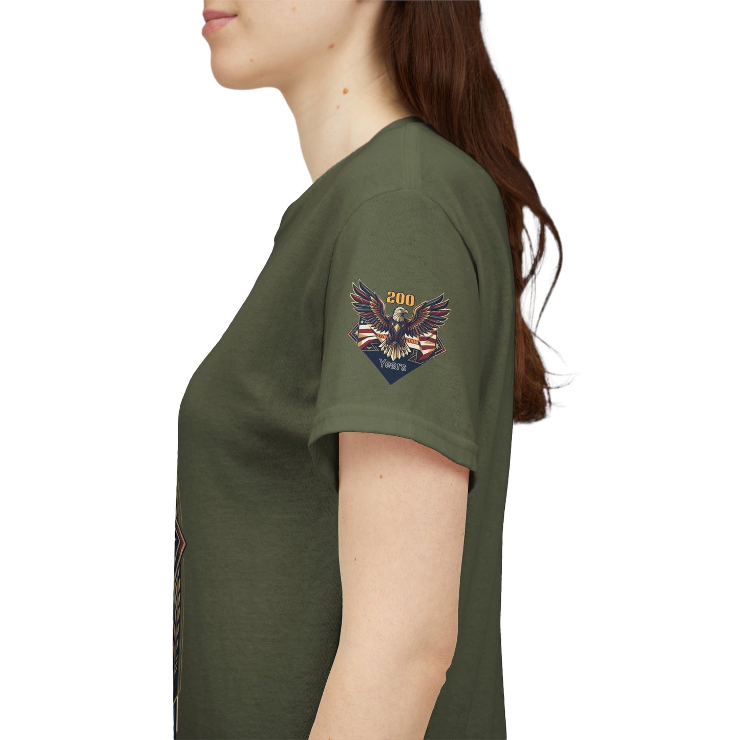 250 Years of Freedom Eagle T-Shirt, Person wearing a green t-shirt with a bird design on a white background