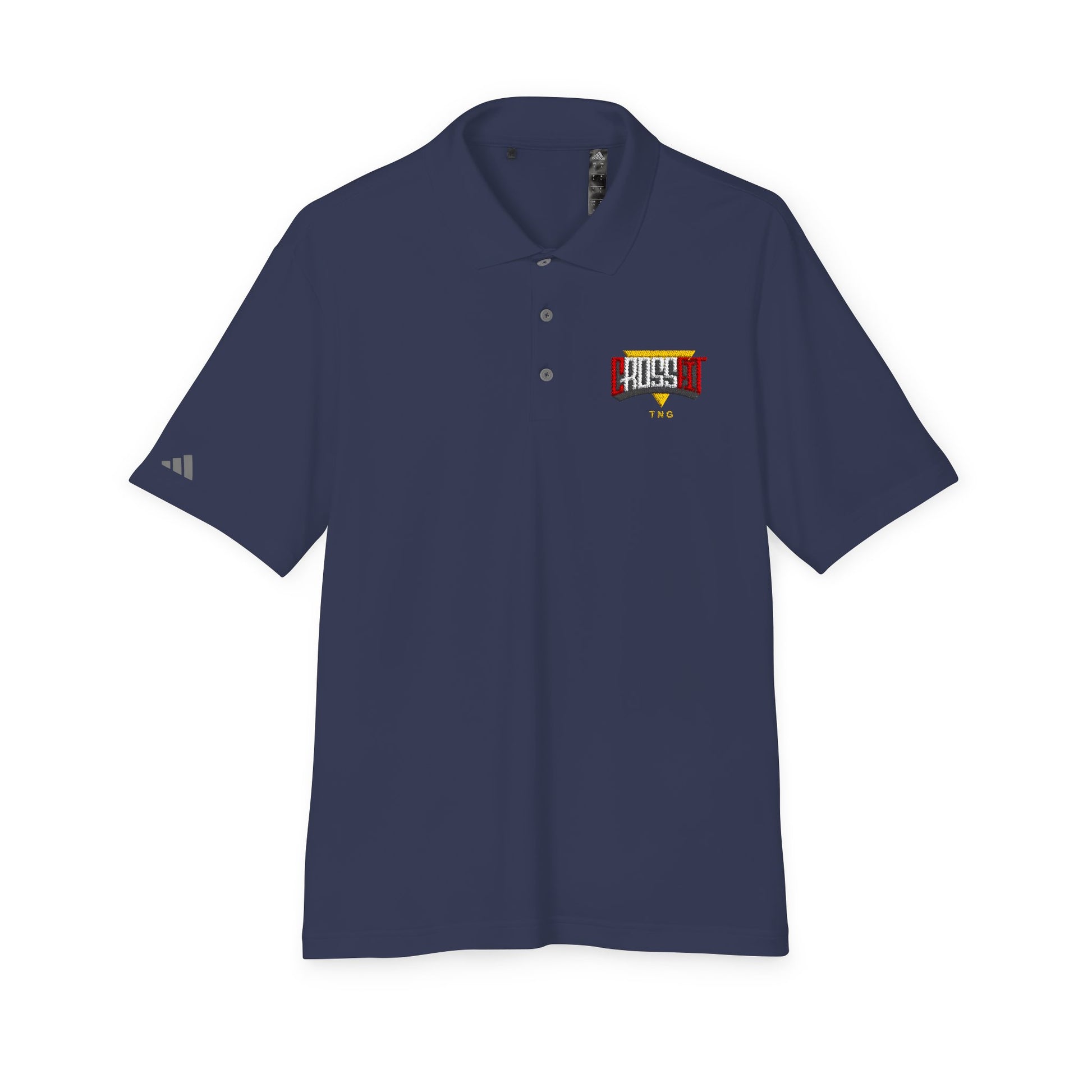 Adidas Sports Polo Shirt for CrossFit Enthusiasts, Navy blue polo shirt with a logo on the chest against a white background