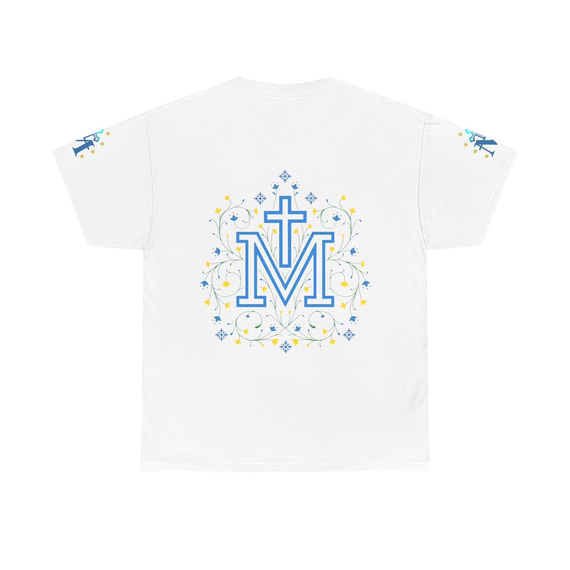 Marian Symbol T-shirt Unisex Heavy Cotton Tee, White t-shirt with blue letter 'Marian symbol' design on a white background