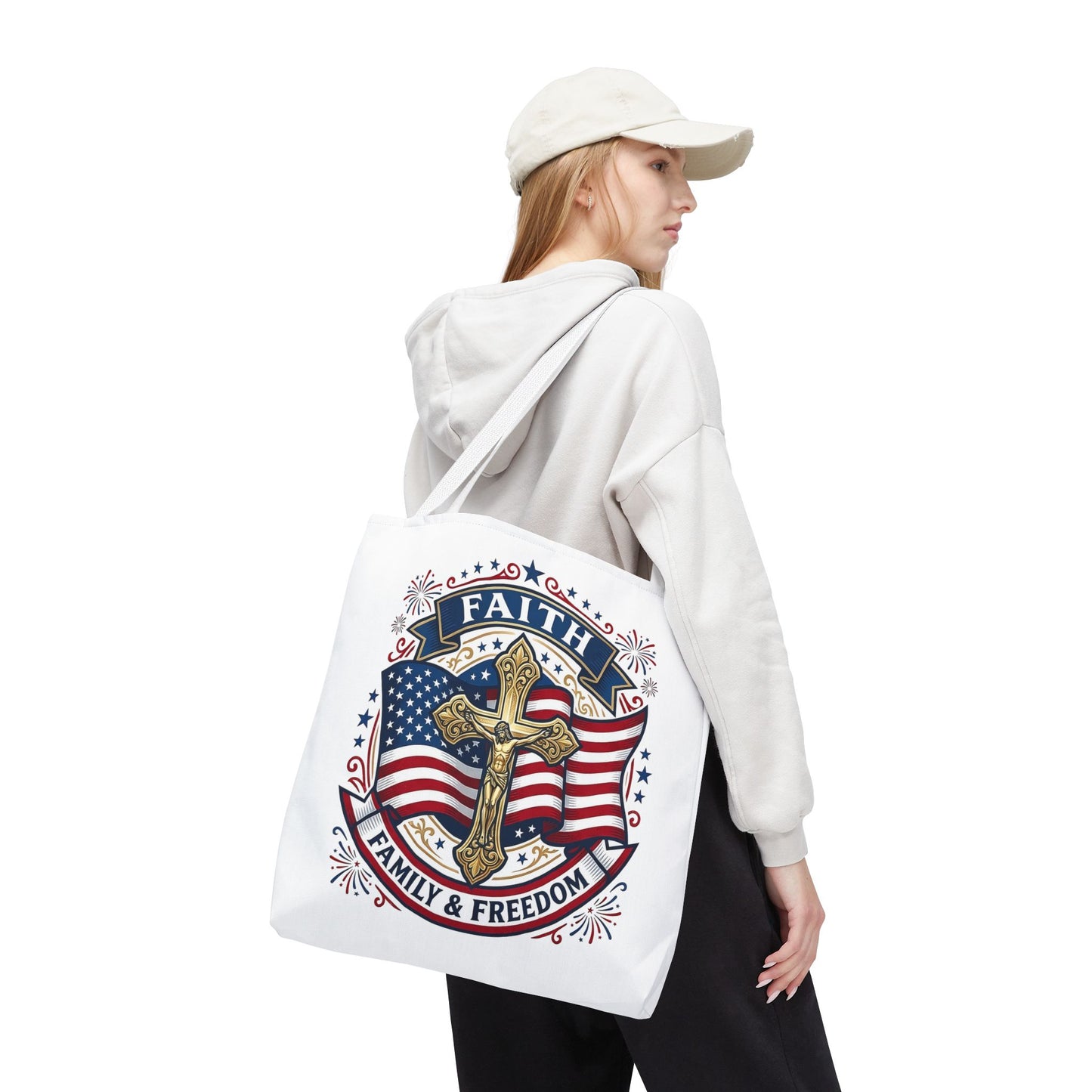 Faith, Family & Freedom Tote Bag — Patriotic Cross American Flag Tote (USA 250th)