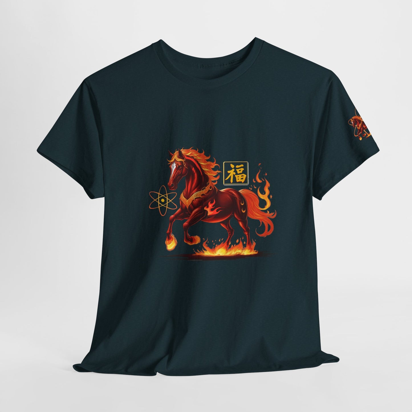 Lunar New Year Fiery Horse Novelty T-Shirt, Black t-shirt with a fiery horse design on a white background