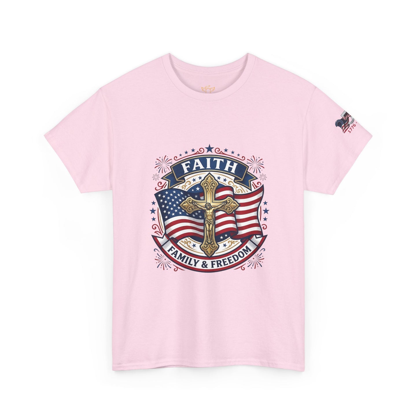 Catholic Faith, Family & Freedom T‑Shirt — Patriotic Cross American Flag Tee (USA 250th)