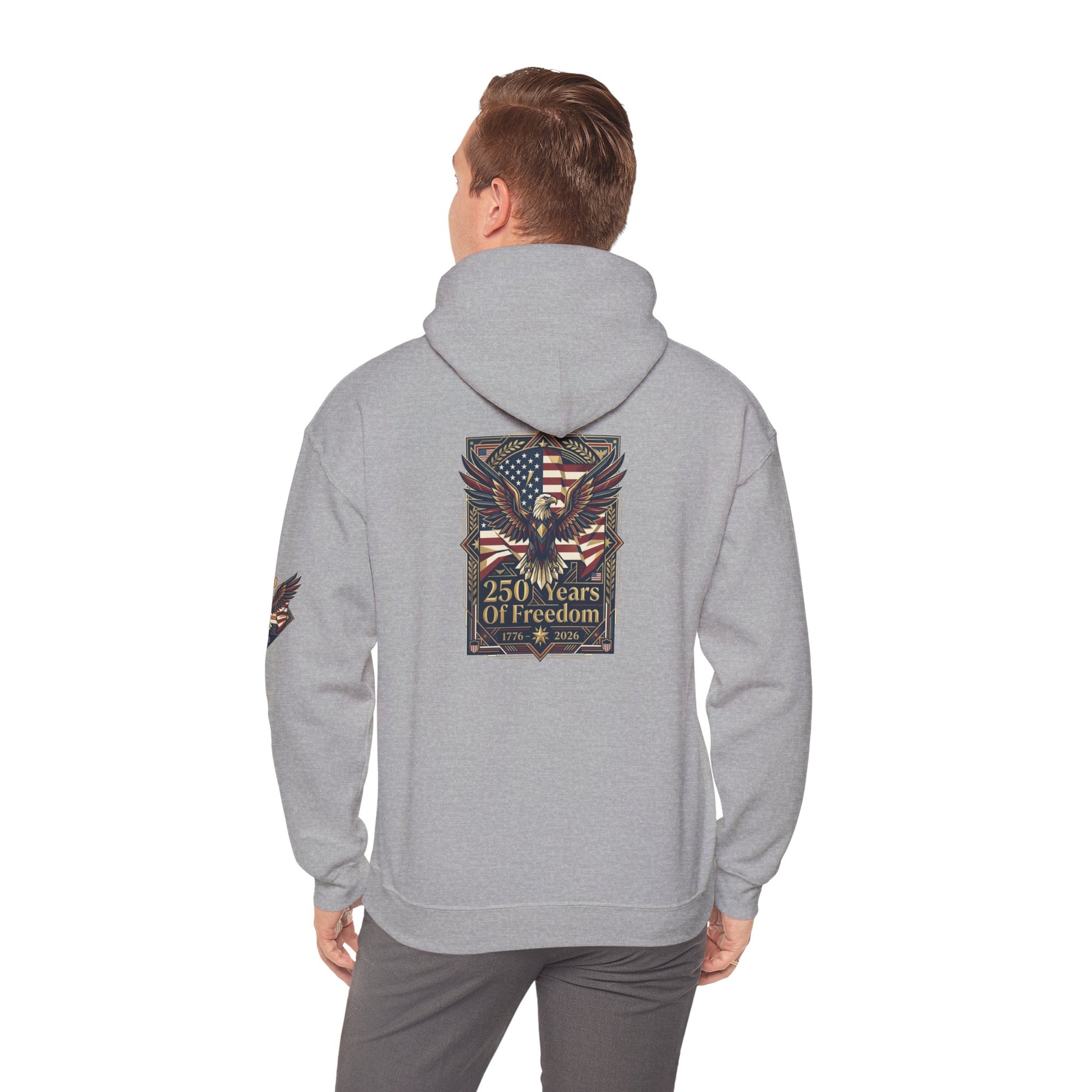 America 250 Years of Freedom Hoodie — USA 250th ANNIVERSARY Patriotic Hoodie, Person wearing a gray hoodie with a design on the back featuring an eagle and text, on a white background.
