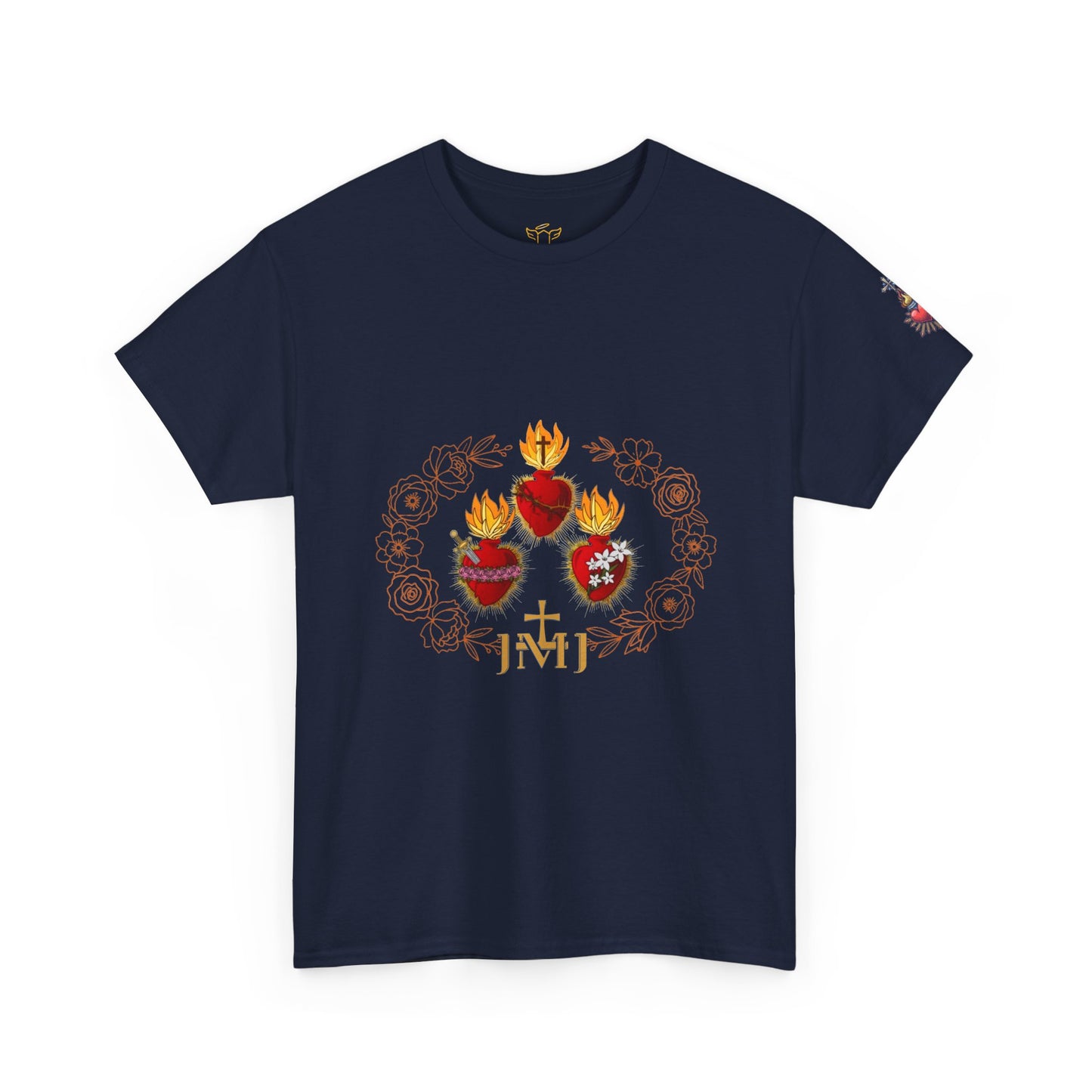 Sacred Hearts Tee — Three Flaming Hearts with JMJ Cross (CT)