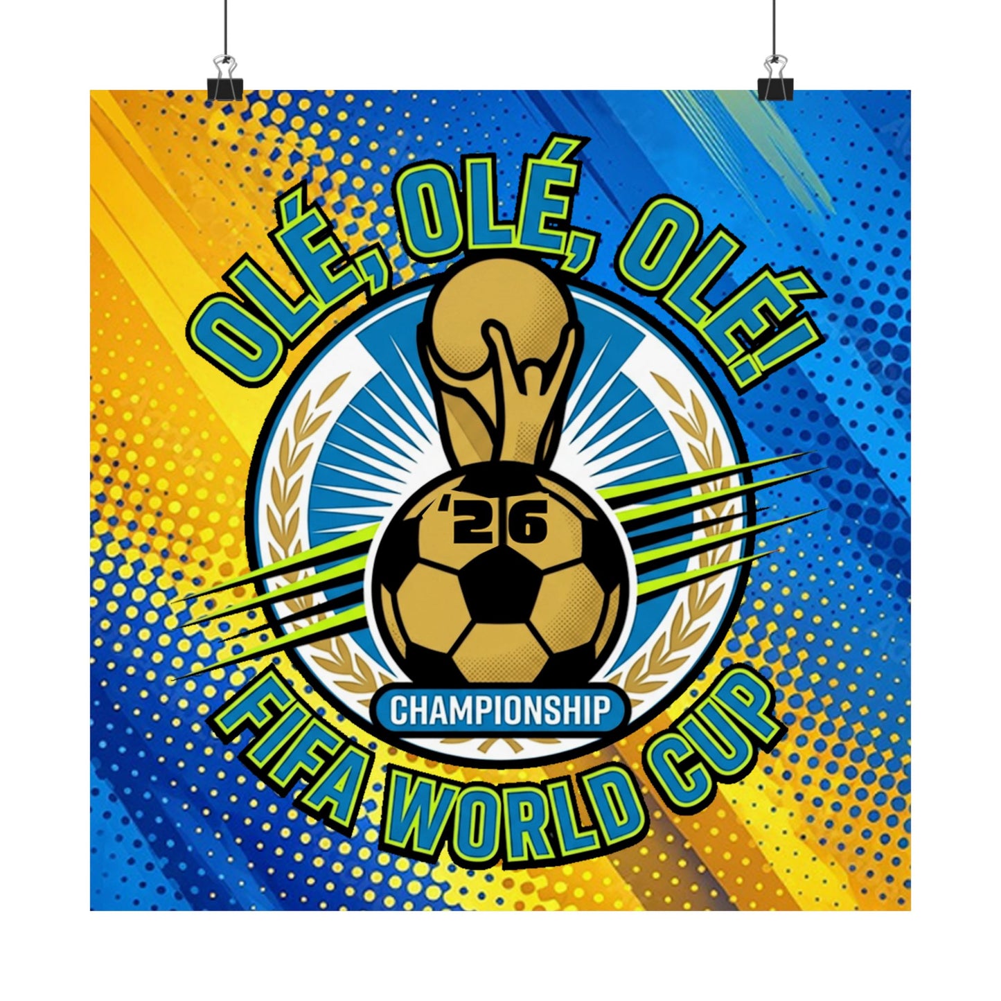 FIFA World Cup Soccer Poster — "Olé, Olé, Olé" Matte Vertical Print, FIFA World Cup championship poster with soccer ball and text on a blue and yellow gradient background