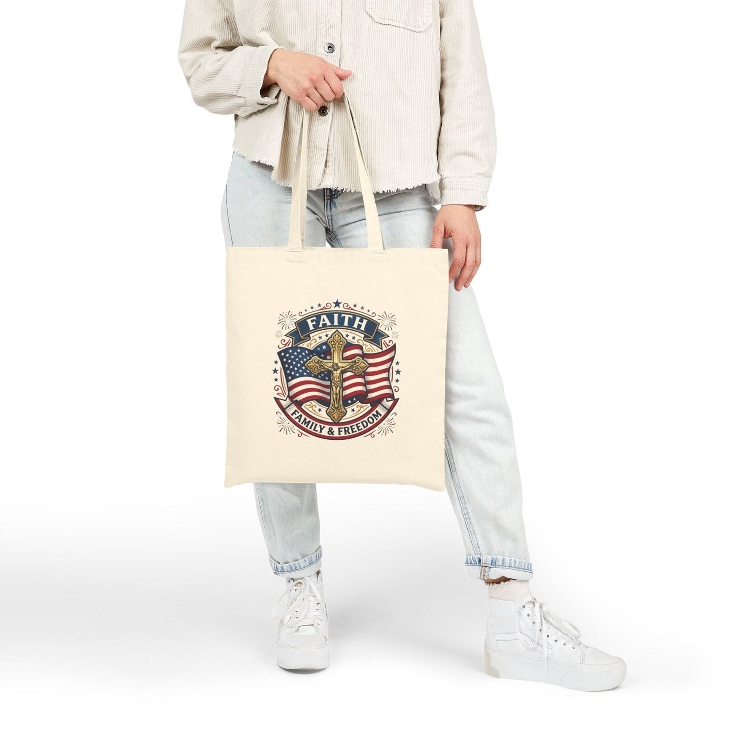 Catholic Faith, Family & Freedom Canvas Tote — Patriotic American Flag Shopping Bag (USA 250th)