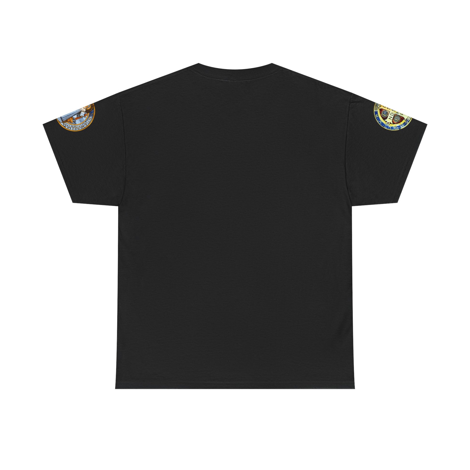 Saint Benedict Medal Unisex T-shirt, Black t-shirt with small decorative patches on the shoulders against a white background