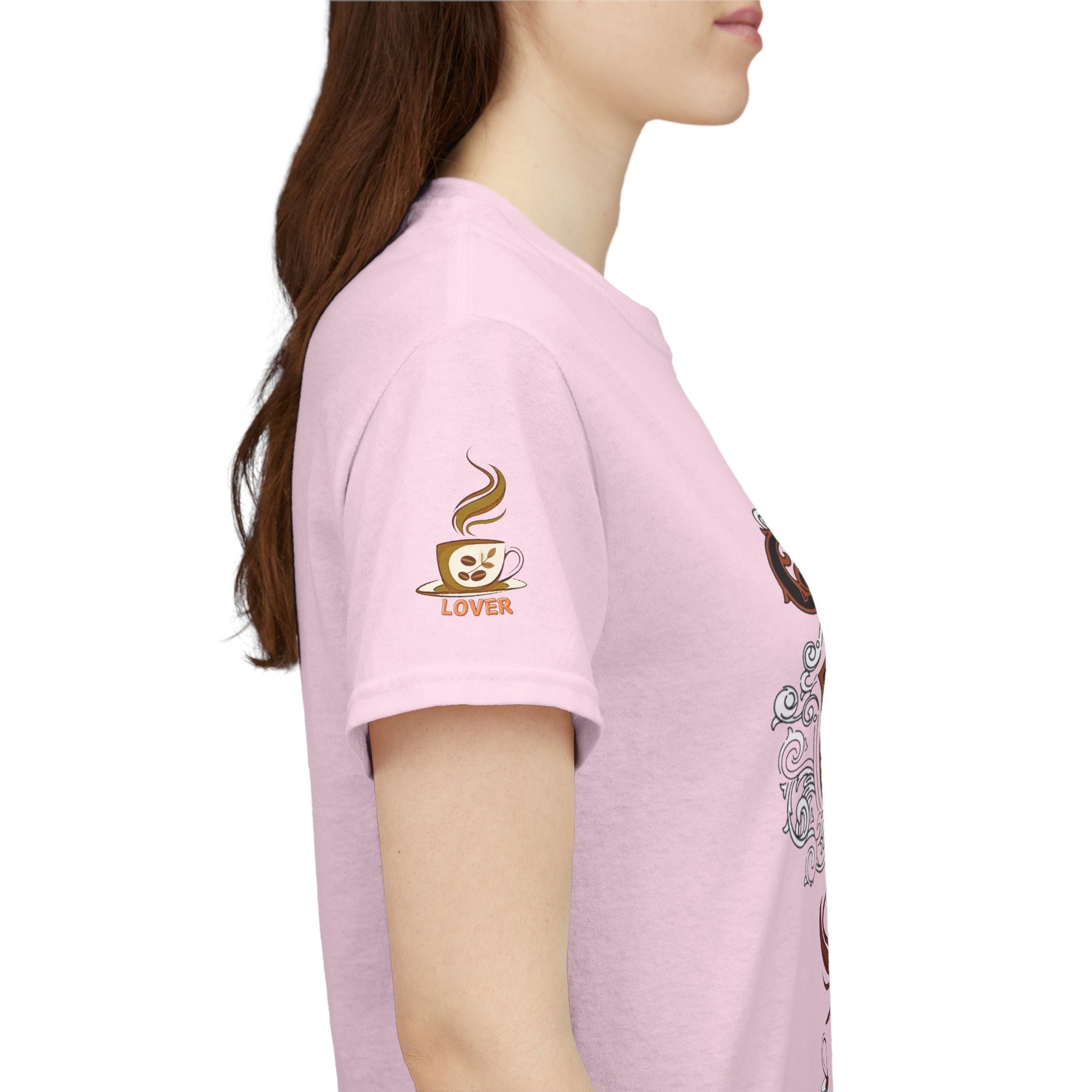 COFFEE LOVERS Cotton Tee - Coffee Makes Everything Better, Person wearing a pink t-shirt with a coffee-themed design on a white background
