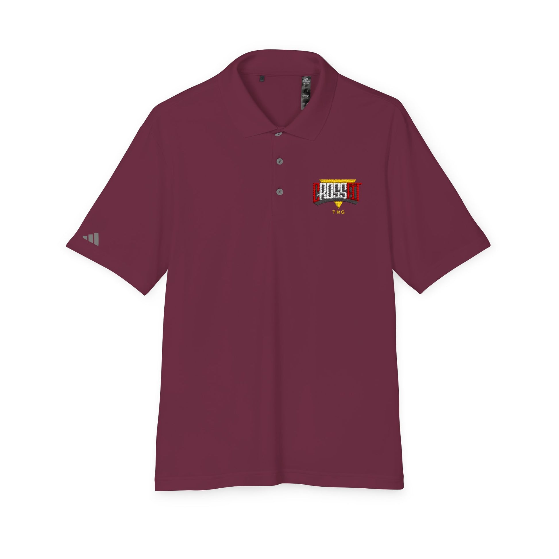 Adidas Sports Polo Shirt for CrossFit Enthusiasts, Maroon polo shirt with a logo on the chest against a white background
