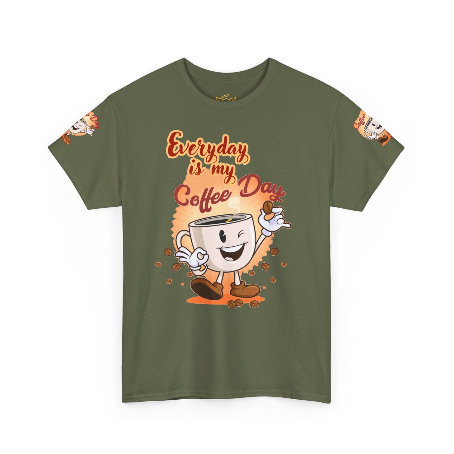 Coffee Lovers Cotton Tee - Every Day is My Coffee day , Green t-shirt with a coffee-themed graphic and text on a white background