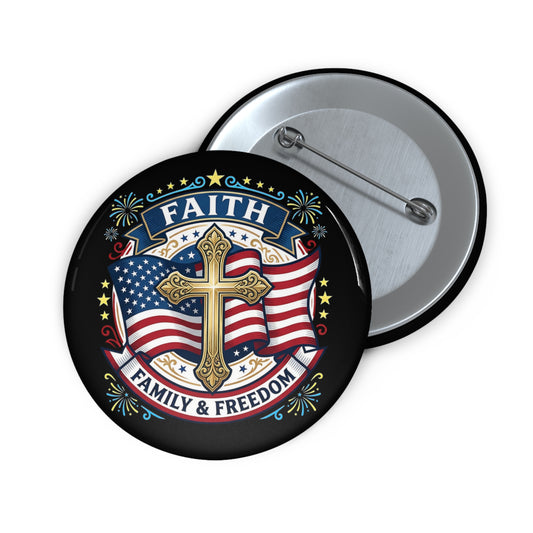 Faith, Family & Freedom Pin Button — American Flag Cross Patriotic Lapel Pin (USA 250th)