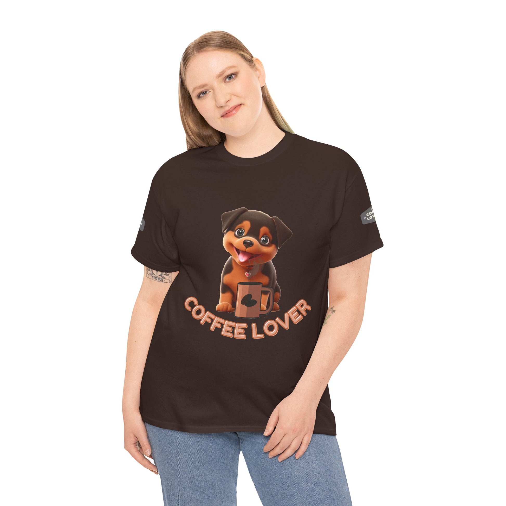 COFFEE LOVERS COTTON TEE for Dog Lovers. Person wearing a black t-shirt with a dog graphic and 'Coffee Lover' text on a white background