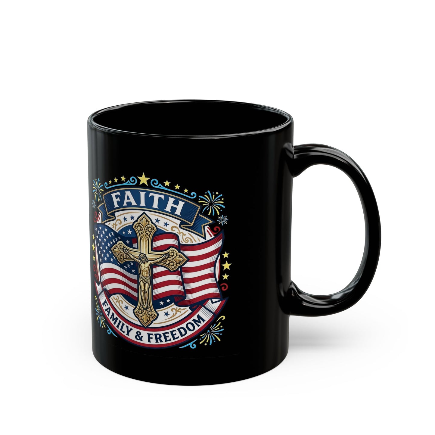 Faith, Family & Freedom Black Mug — American Flag Cross Ceramic Coffee Cup (USA 250th)