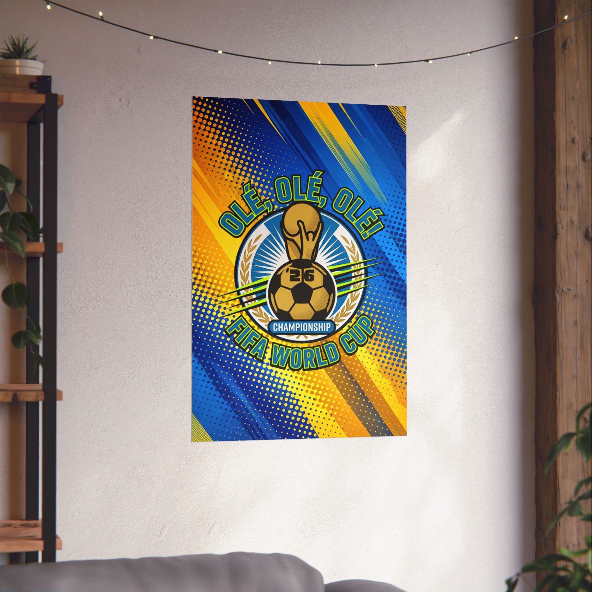 FIFA World Cup-themed decorative banner on a wall with a plant and shelf in the background.