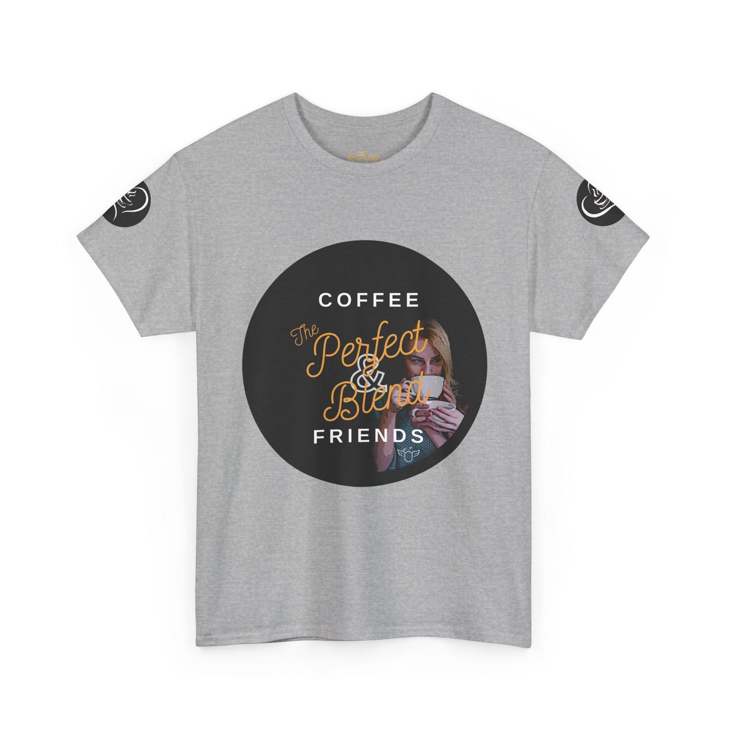 Coffee Lovers Ladies Tee - COFFEE and FRIENDS the Perfect Blend, Gray t-shirt with a graphic design featuring text and a person holding a coffee cup on a white background.