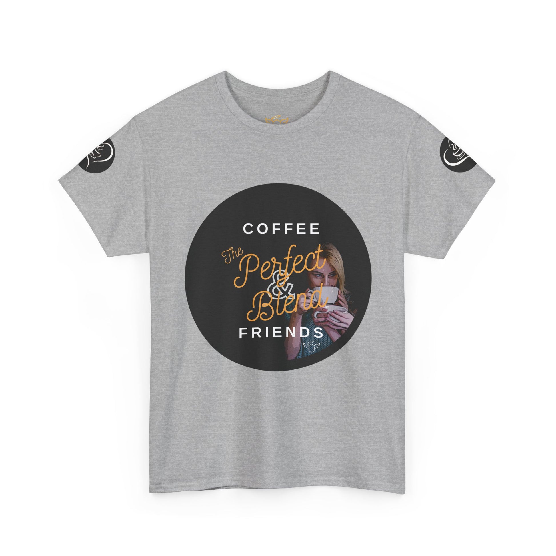 Coffee Lovers Ladies Tee - COFFEE and FRIENDS the Perfect Blend, Gray t-shirt with a graphic design featuring text and a person holding a coffee cup on a white background.