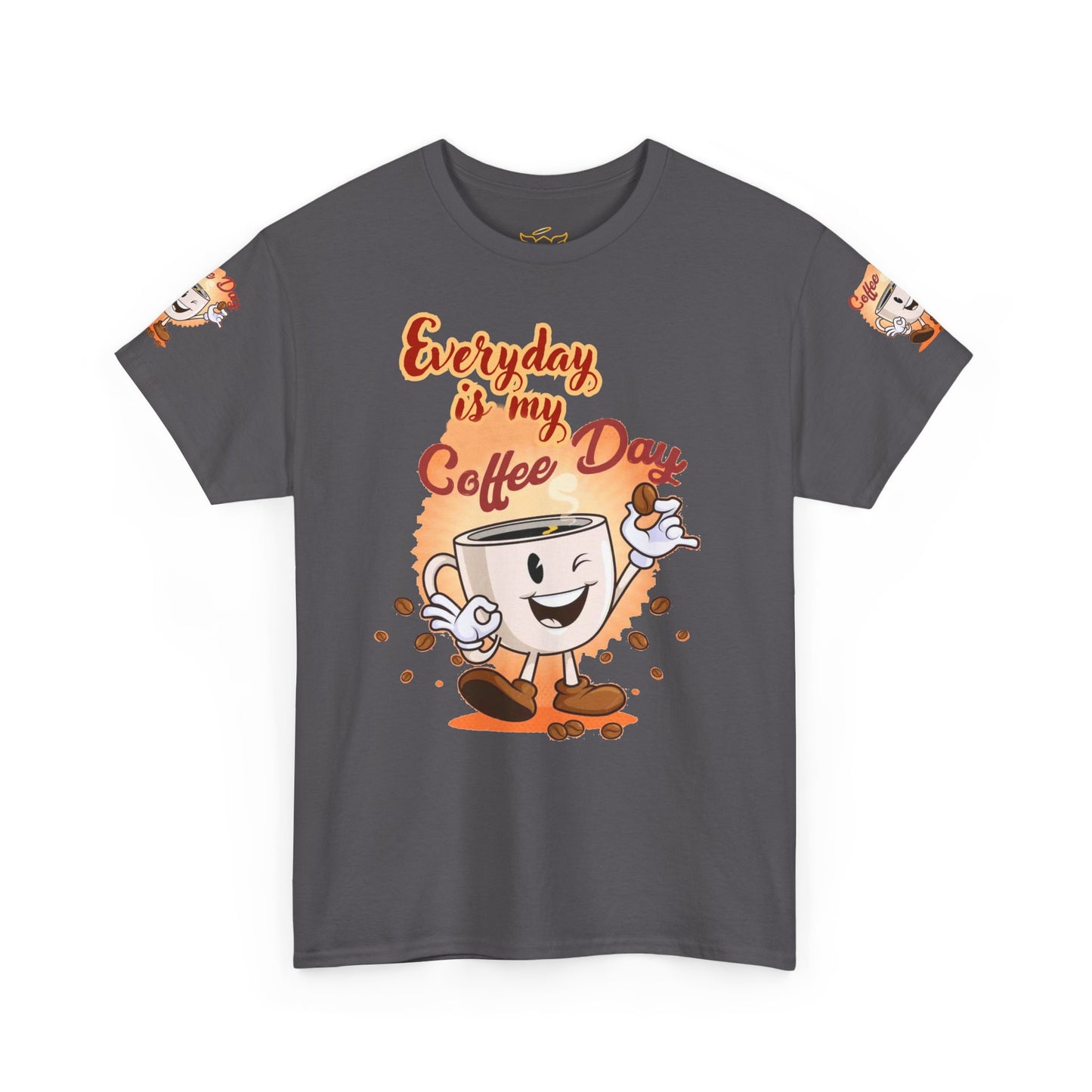 Gray t-shirt with a coffee-themed graphic and text on a white background,  Coffee Lovers Cotton Tee - Every Day is My Coffee day 