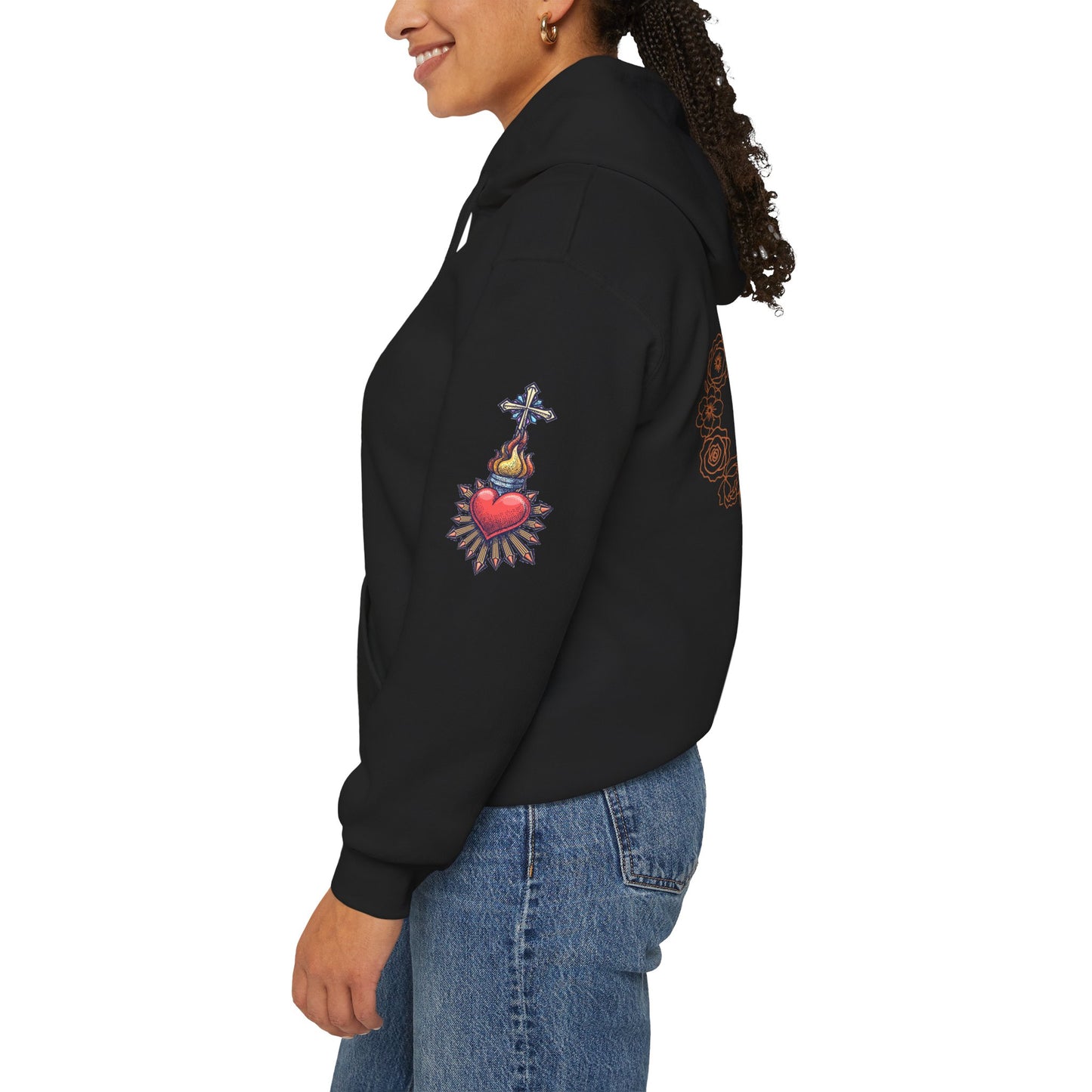 Sacred Hearts Hoodie — Three Flaming Hearts J.M.J. Devotional Sweatshirt (CT)