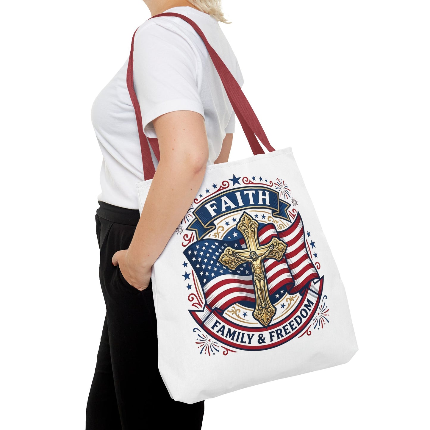 Faith, Family & Freedom Tote Bag — Patriotic Cross American Flag Tote (USA 250th)