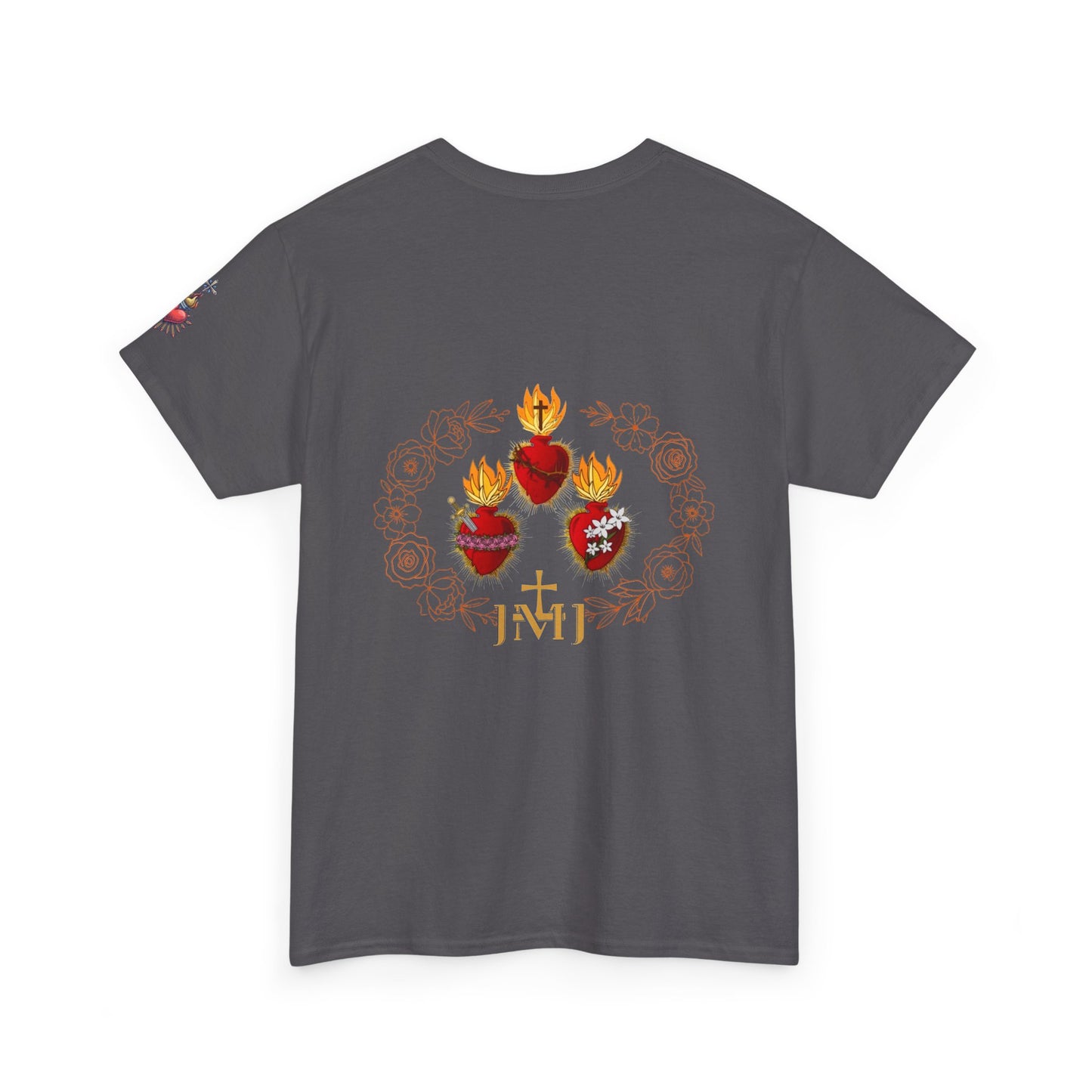 Sacred Hearts Tee — Three Flaming Hearts with JMJ Cross (CT)