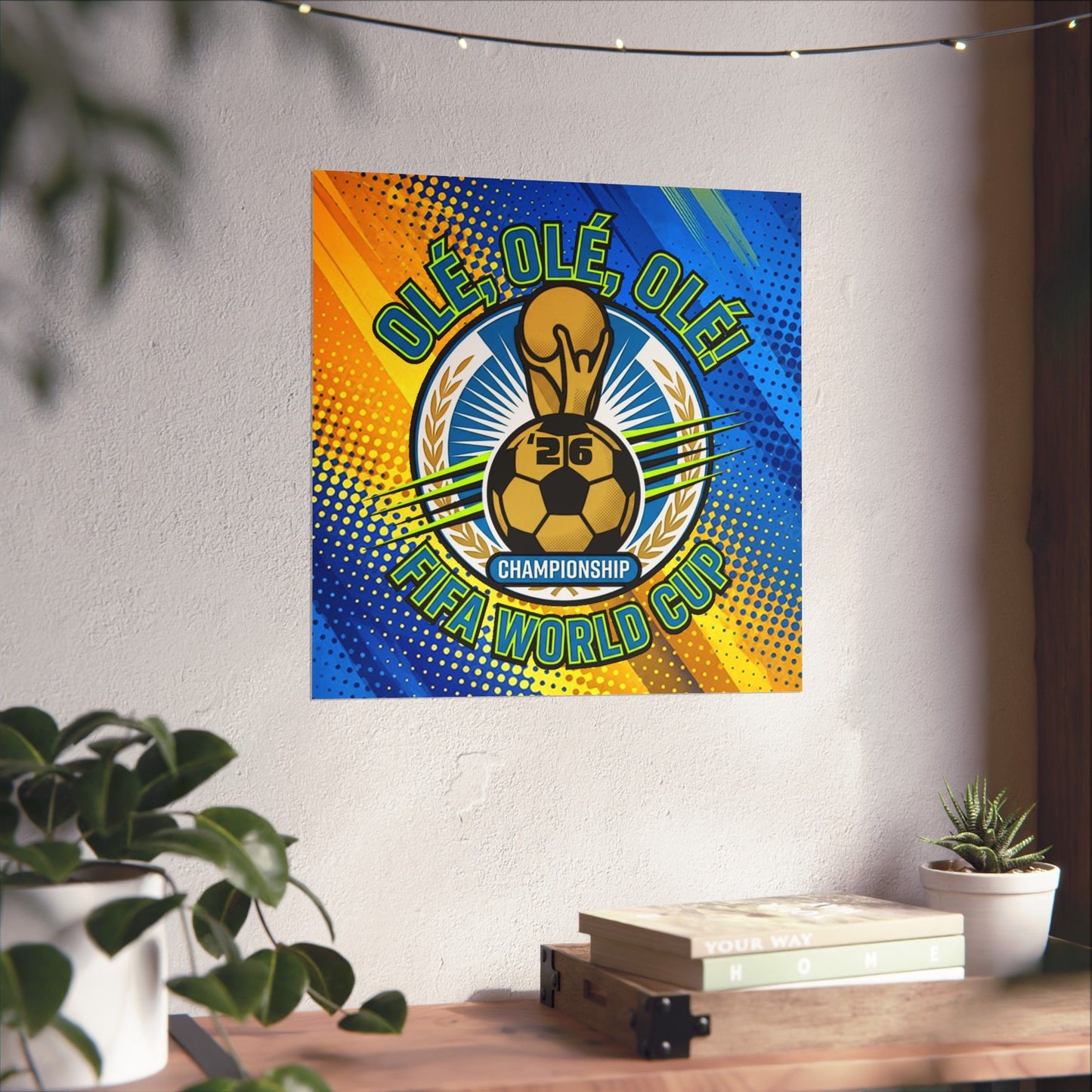 Decorative poster with soccer theme on a wall above a desk with plants.