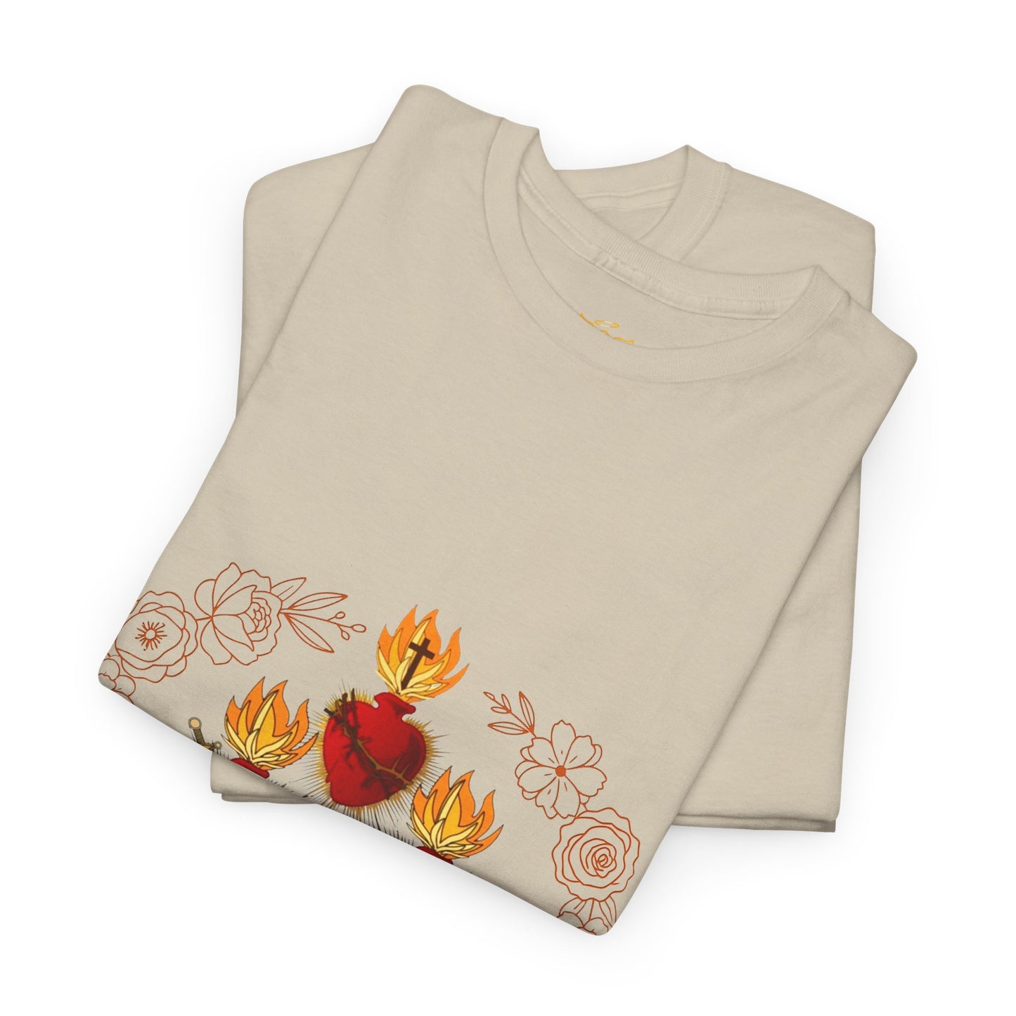 Sacred Hearts Tee — Three Flaming Hearts with JMJ Cross (CT)