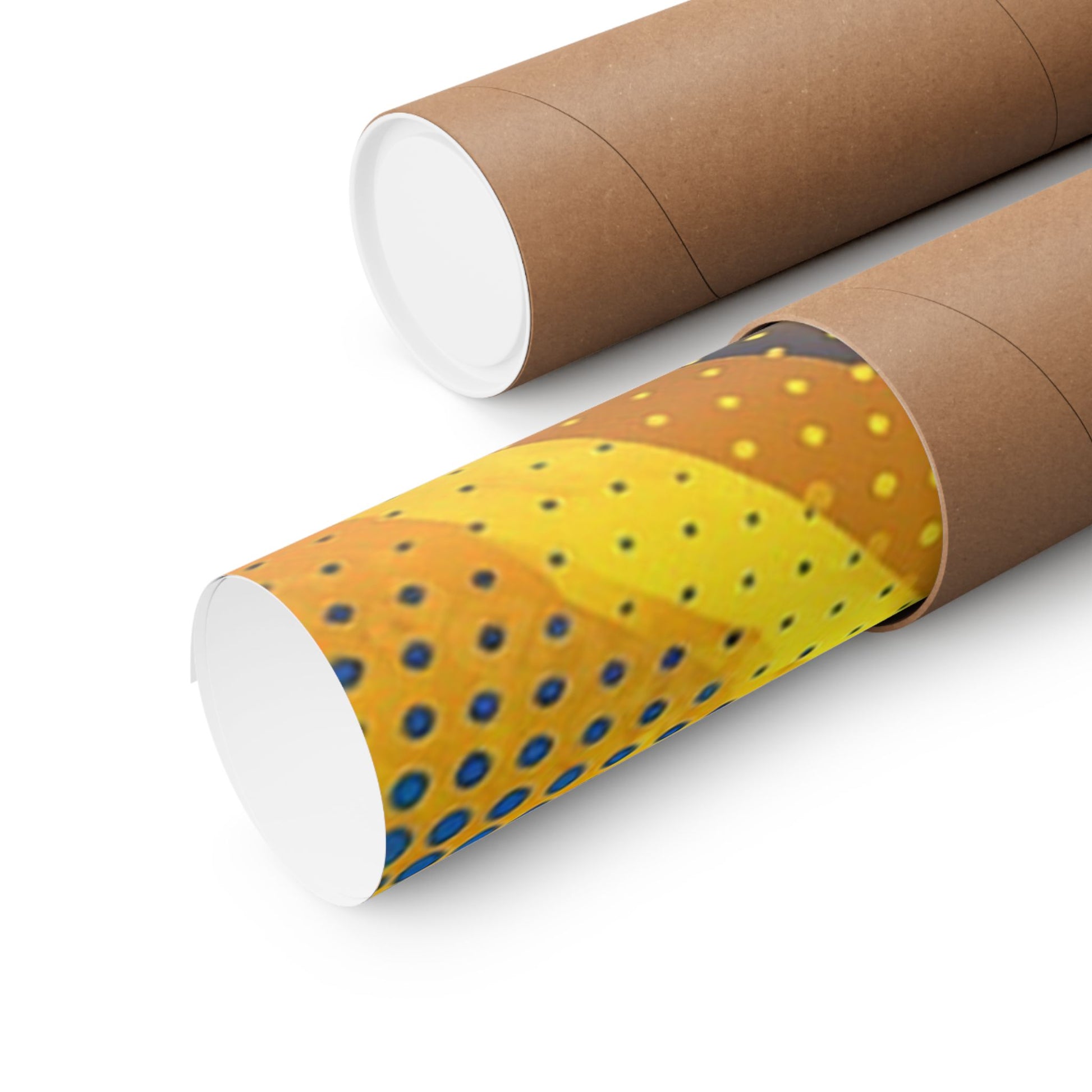 Two cardboard tubes, one plain brown and one with a colorful pattern, on a white background.