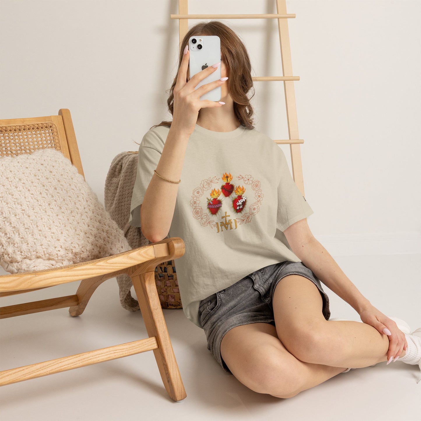 Sacred Hearts Tee — Three Flaming Hearts with JMJ Cross (CT)