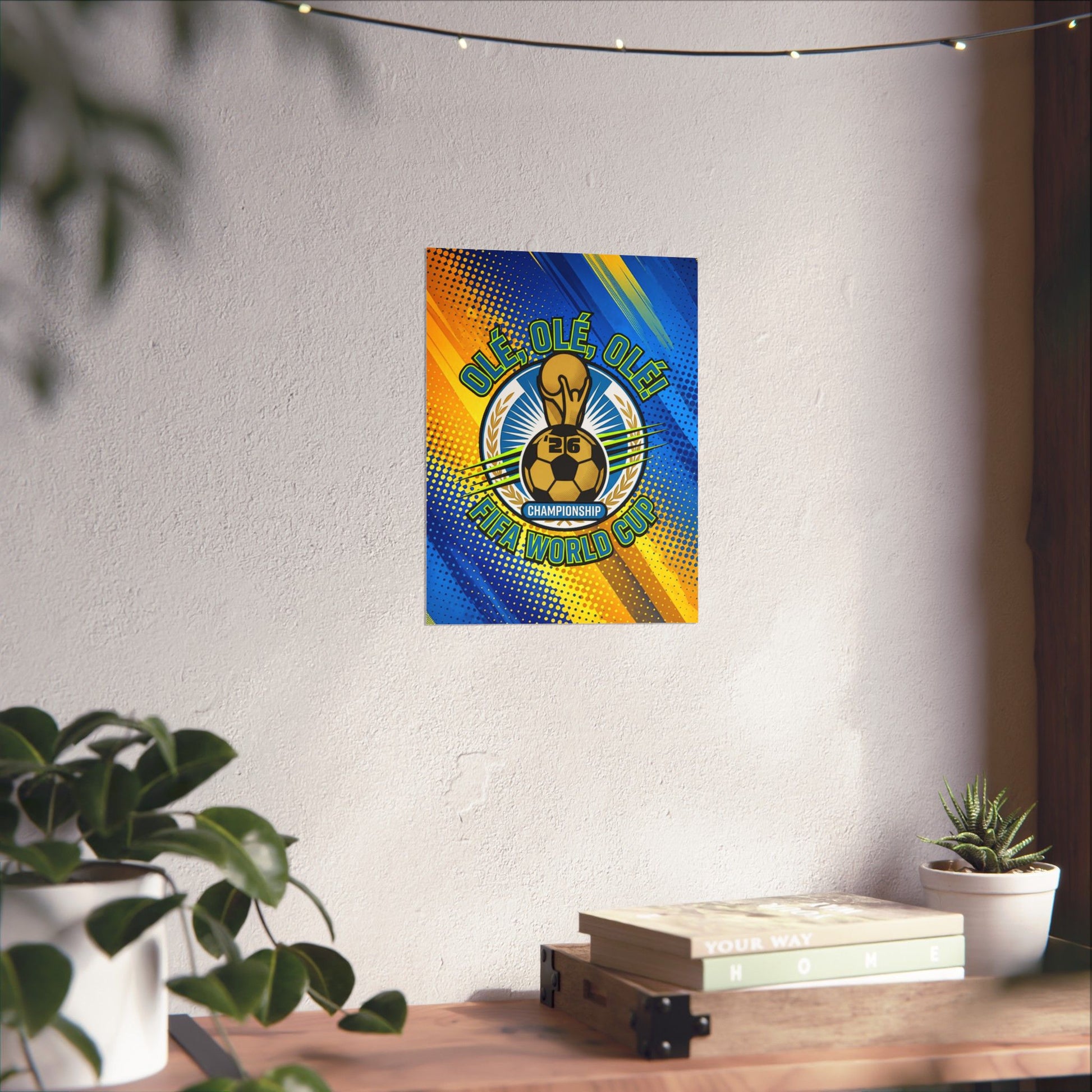 Decorative poster with a soccer ball design on a white wall above a wooden desk with plants.