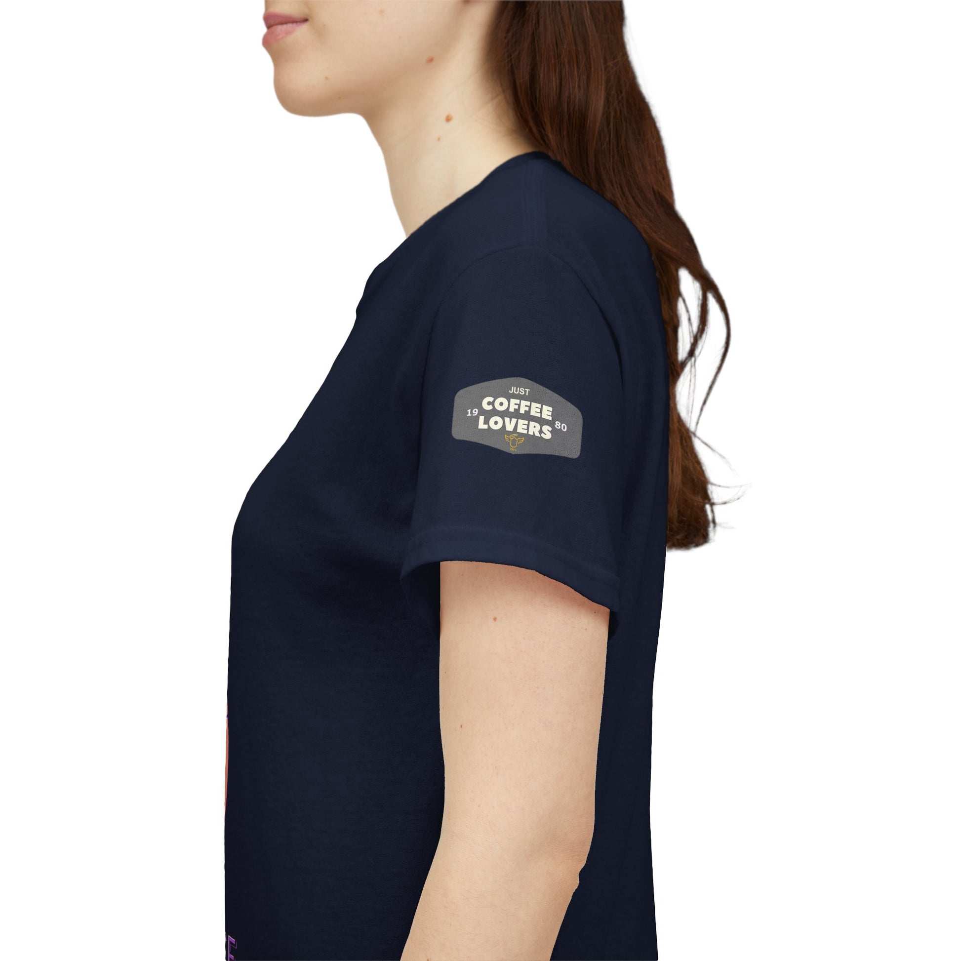 COFFEE LOVERS' T-SHIRT, Navy blue t-shirt with a logo on the sleeve worn by a person
