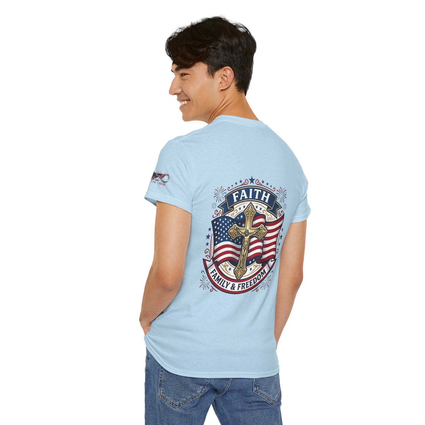 Catholic Faith, Family & Freedom T‑Shirt — Patriotic Cross American Flag Tee (USA 250th)