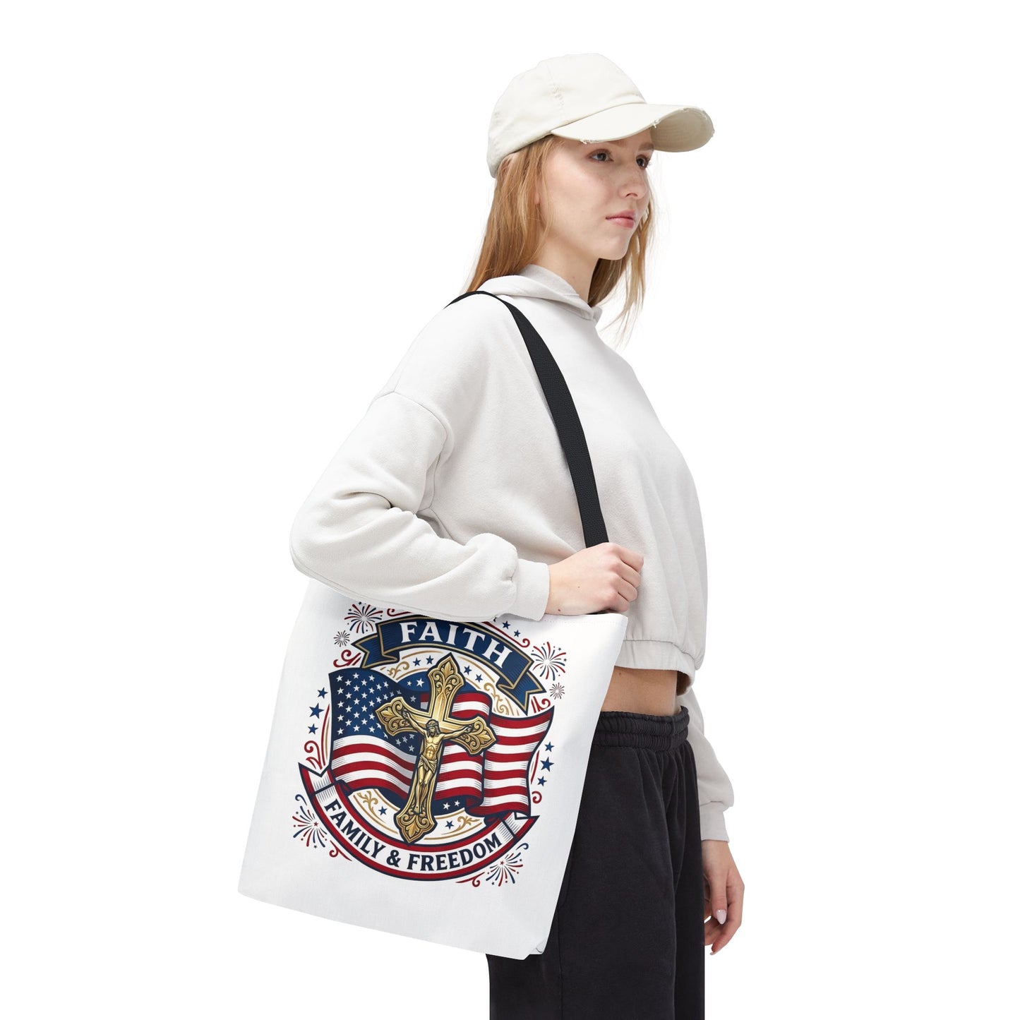 Faith, Family & Freedom Tote Bag — Patriotic Cross American Flag Tote (USA 250th)