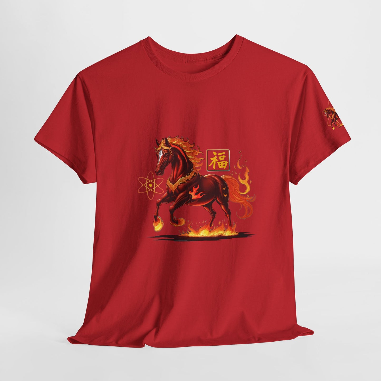 Lunar New Year Fiery Horse Novelty T-Shirt, Red t-shirt with a horse graphic and Chinese characters on a white background