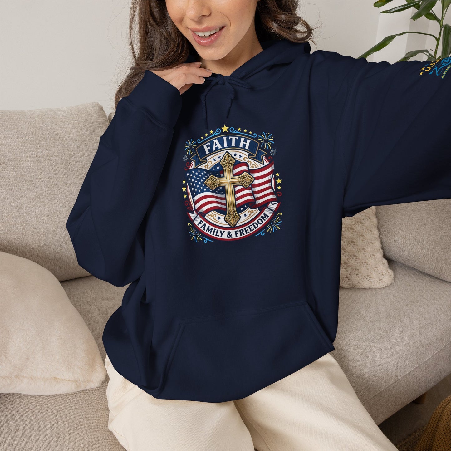 Faith, Family & Freedom Hoodie — Patriotic Cross American Flag Sweatshirt (USA 250th)