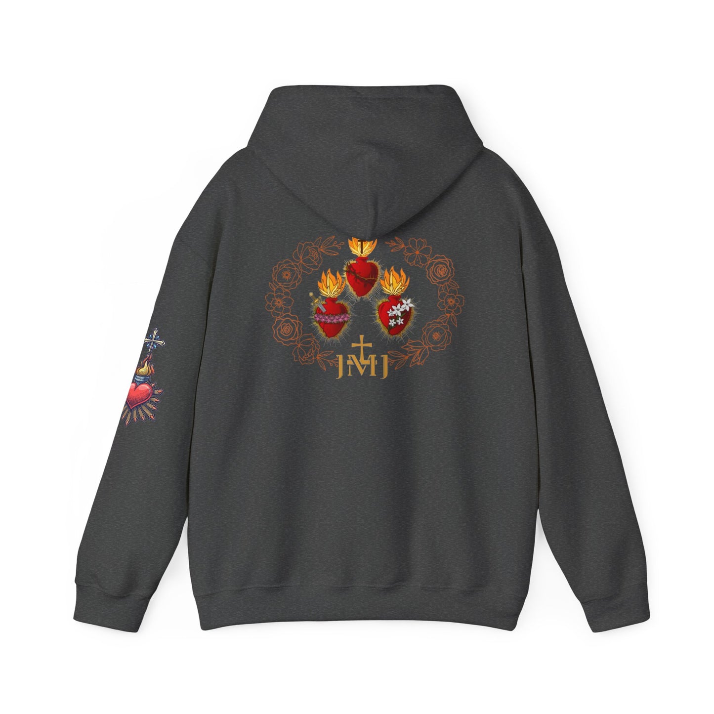 Sacred Hearts Hoodie — Three Flaming Hearts J.M.J. Devotional Sweatshirt (CT)