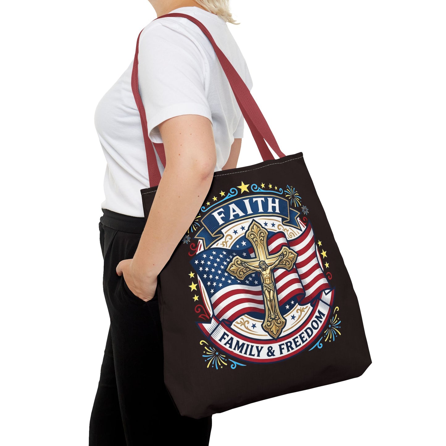 Faith, Family & Freedom Cross Bag — Patriotic American Flag Canvas Tote (USA 250th)
