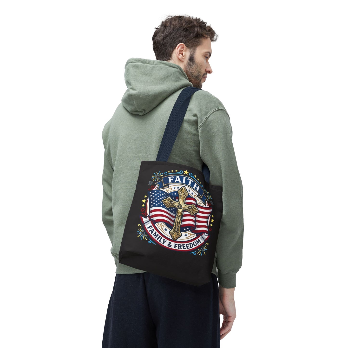 Faith, Family & Freedom Cross Bag — Patriotic American Flag Canvas Tote (USA 250th)