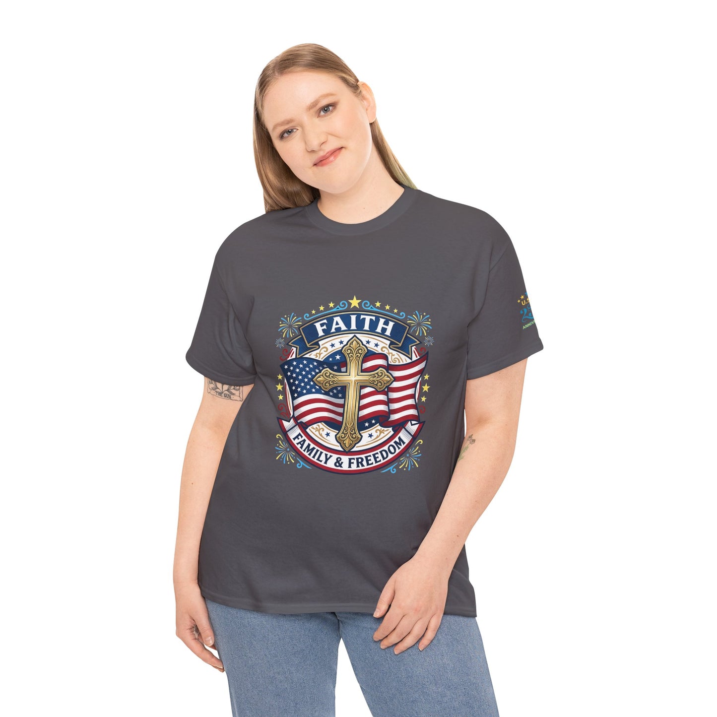 Faith, Family & Freedom T-Shirt — American Flag Cross Patriotic Tee (USA 250th)