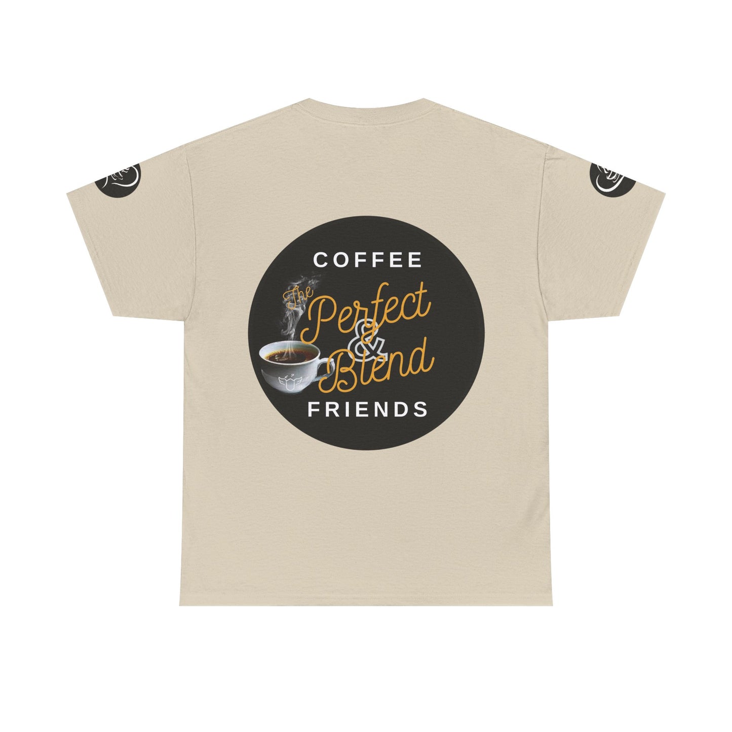 Beige t-shirt with a coffee-themed graphic and text on a white background