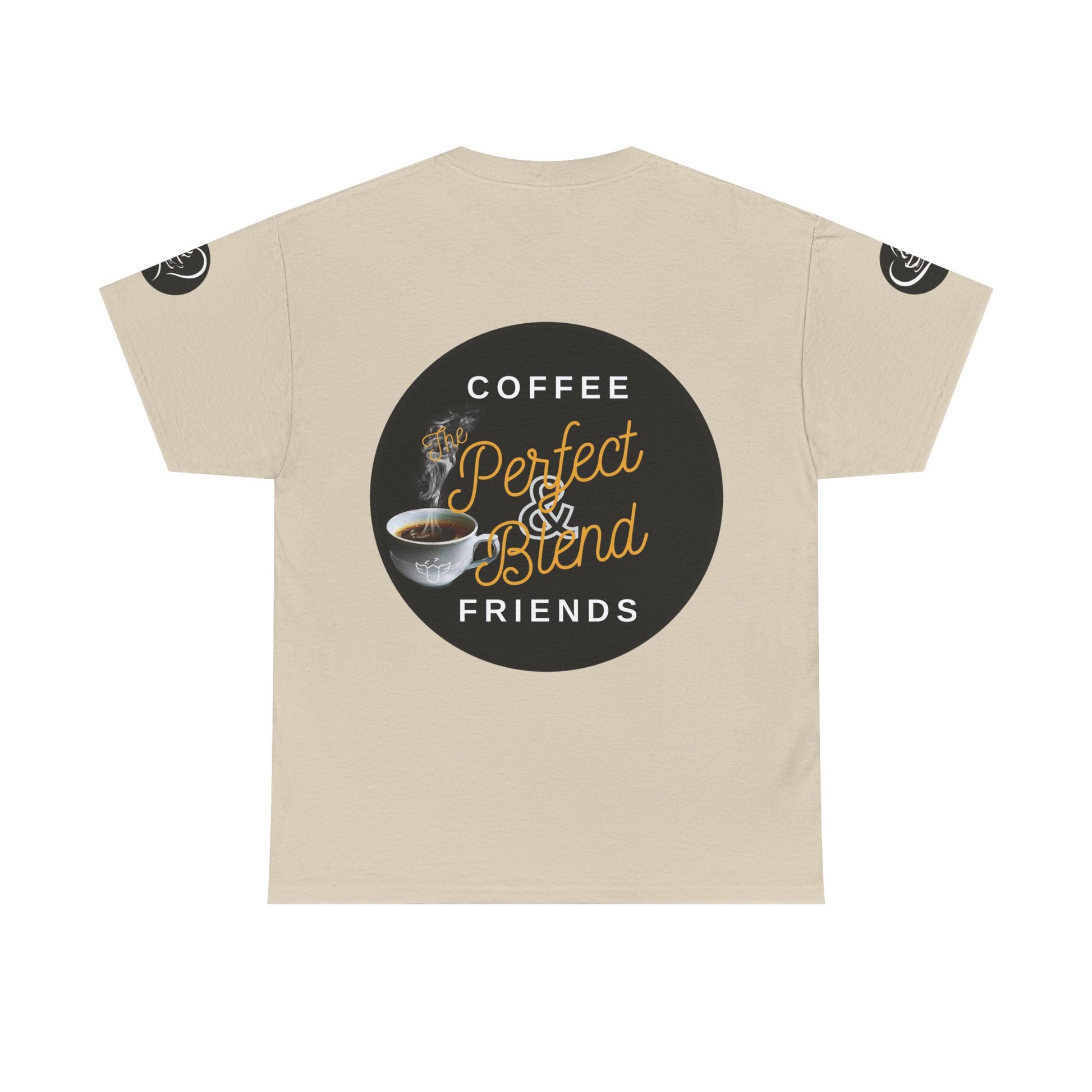 Beige t-shirt with a coffee-themed graphic and text on a white background